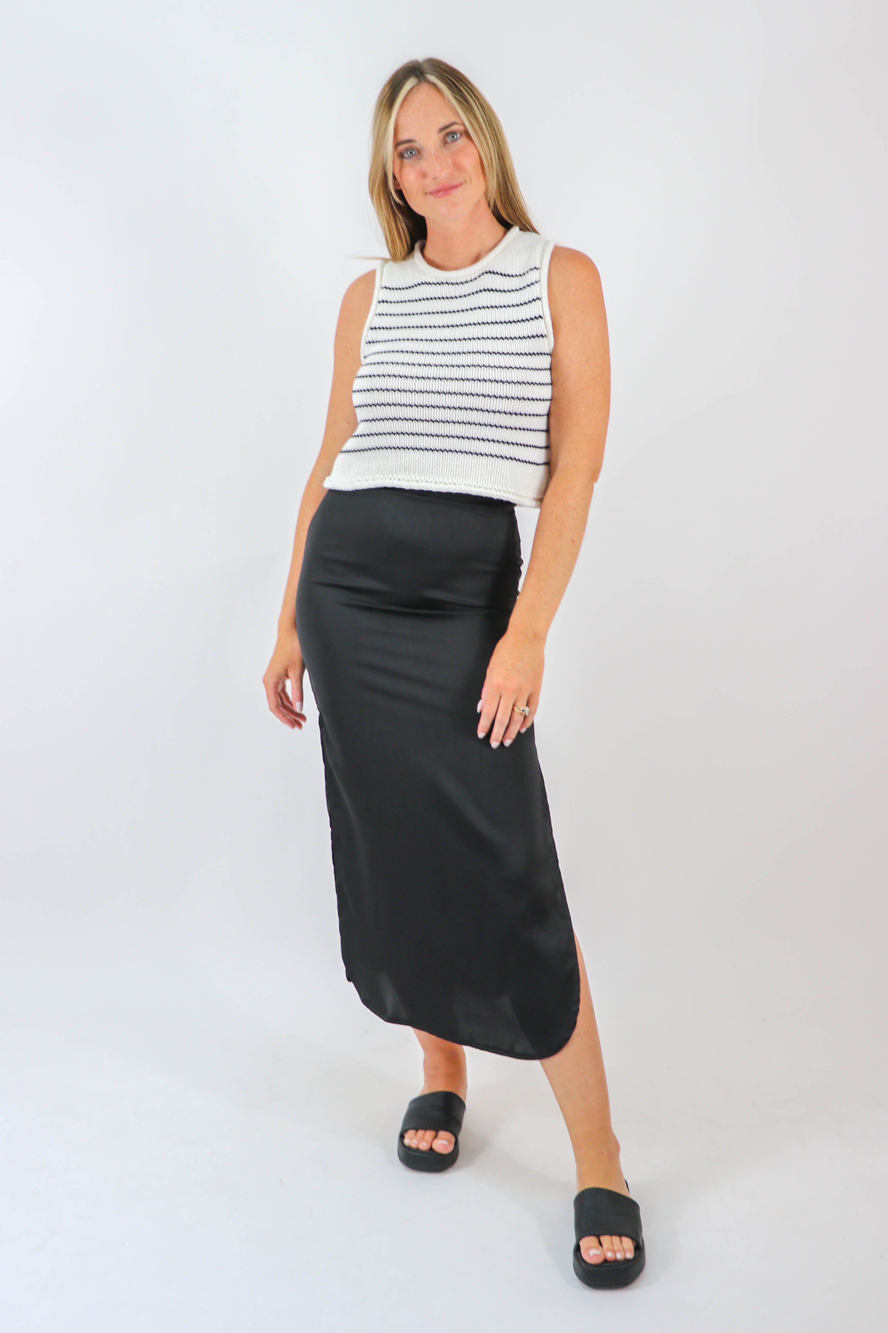 Miou Muse | Black Satin Midi Skirt | Sweetest Stitch Online Boutique