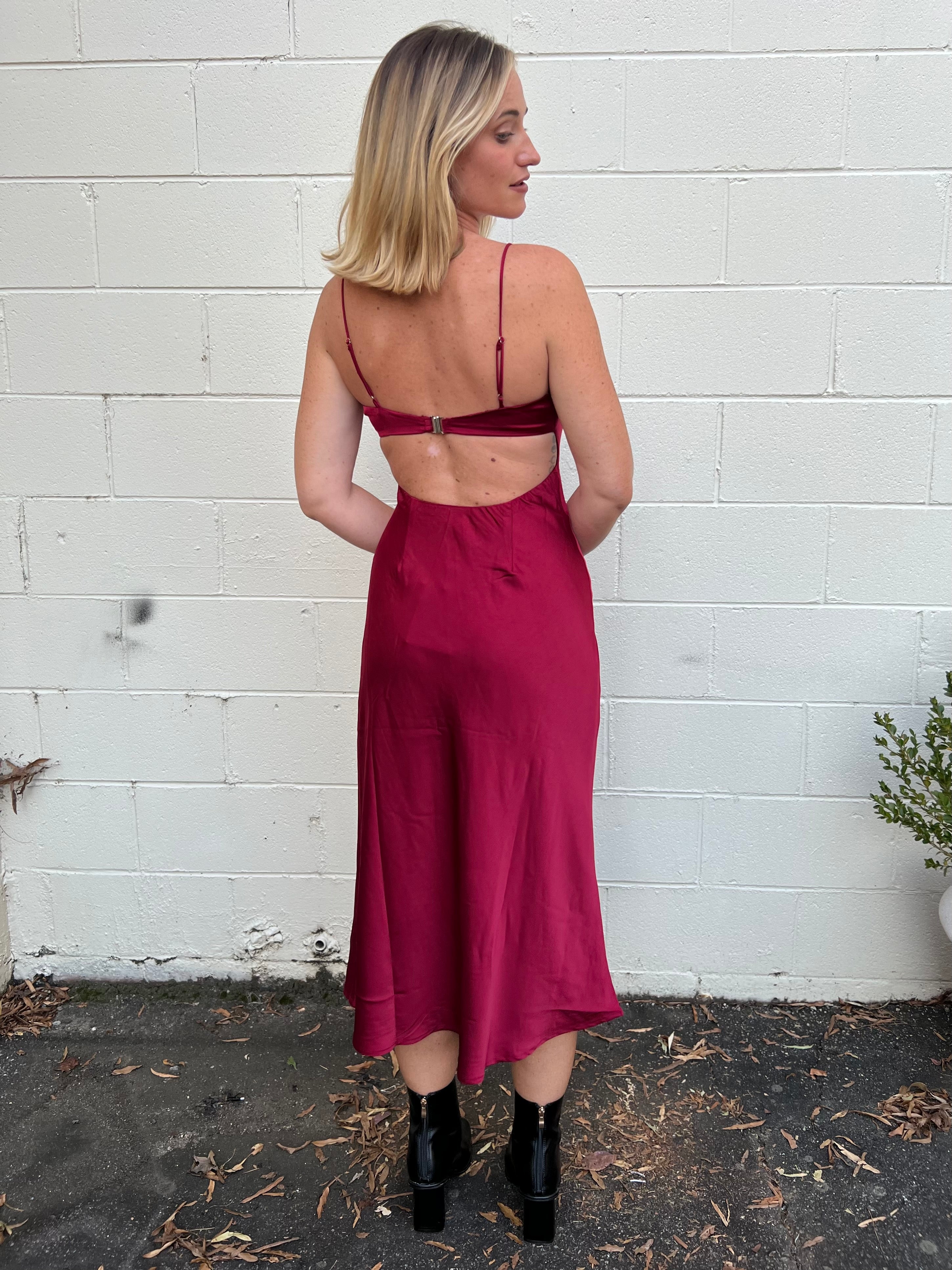 NIA | Burgundy Sleeveless Satin Midi Dress | Sweetest Stitch