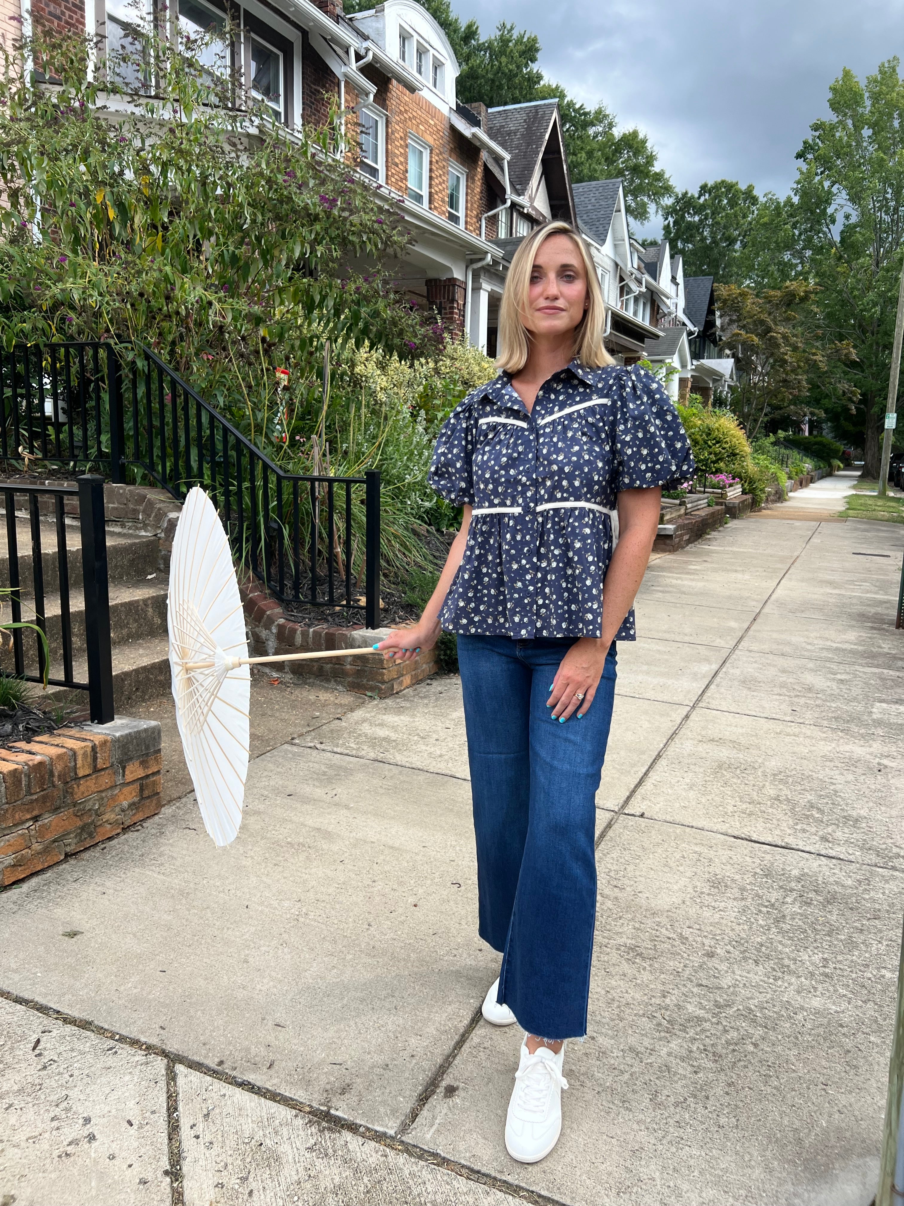 Entro | Navy Floral Puff Sleeve Top | Sweetest Stitch Richmond