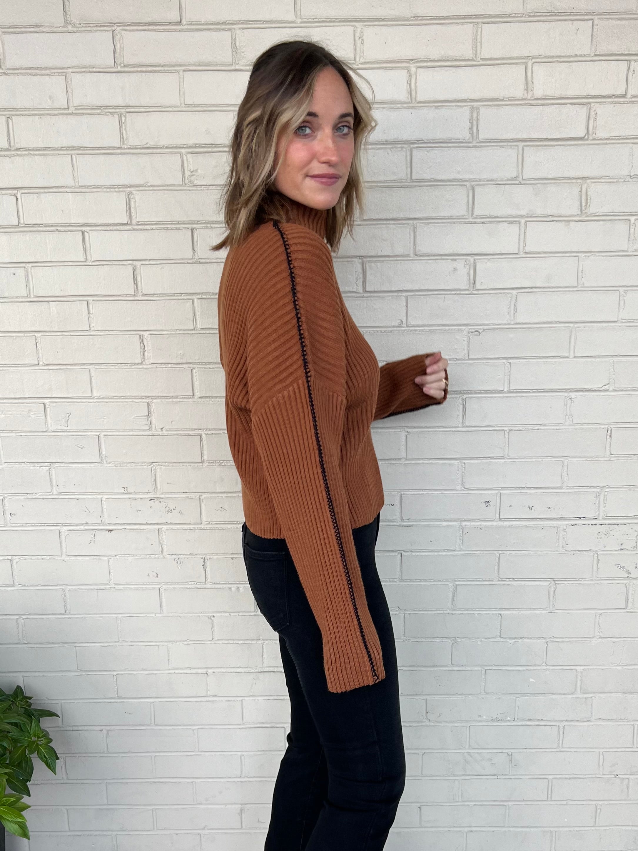 Promesa | Brown Ribbed Mock Neck Sweater | Sweetest Stitch