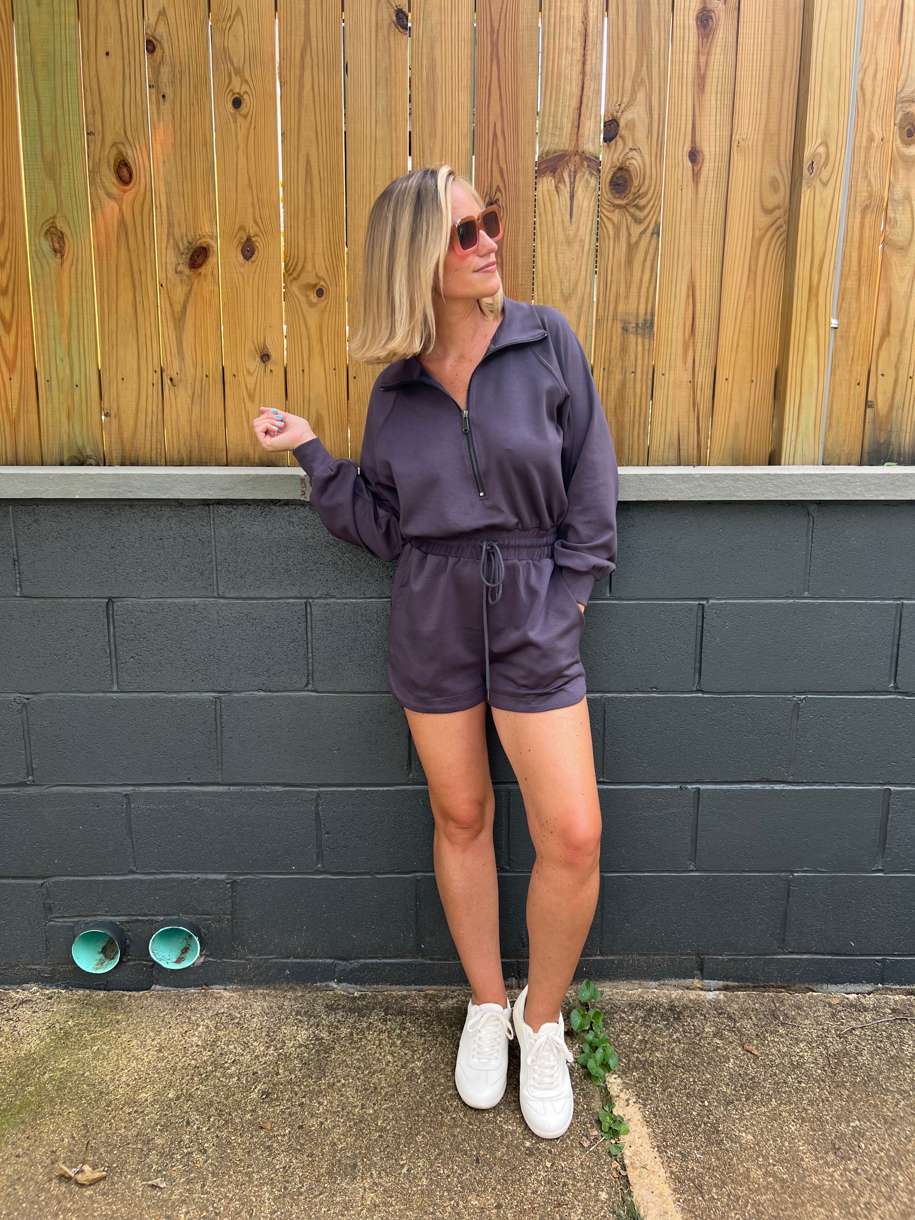 Entro | Long Sleeve Charcoal Romper | Sweetest Stitch 