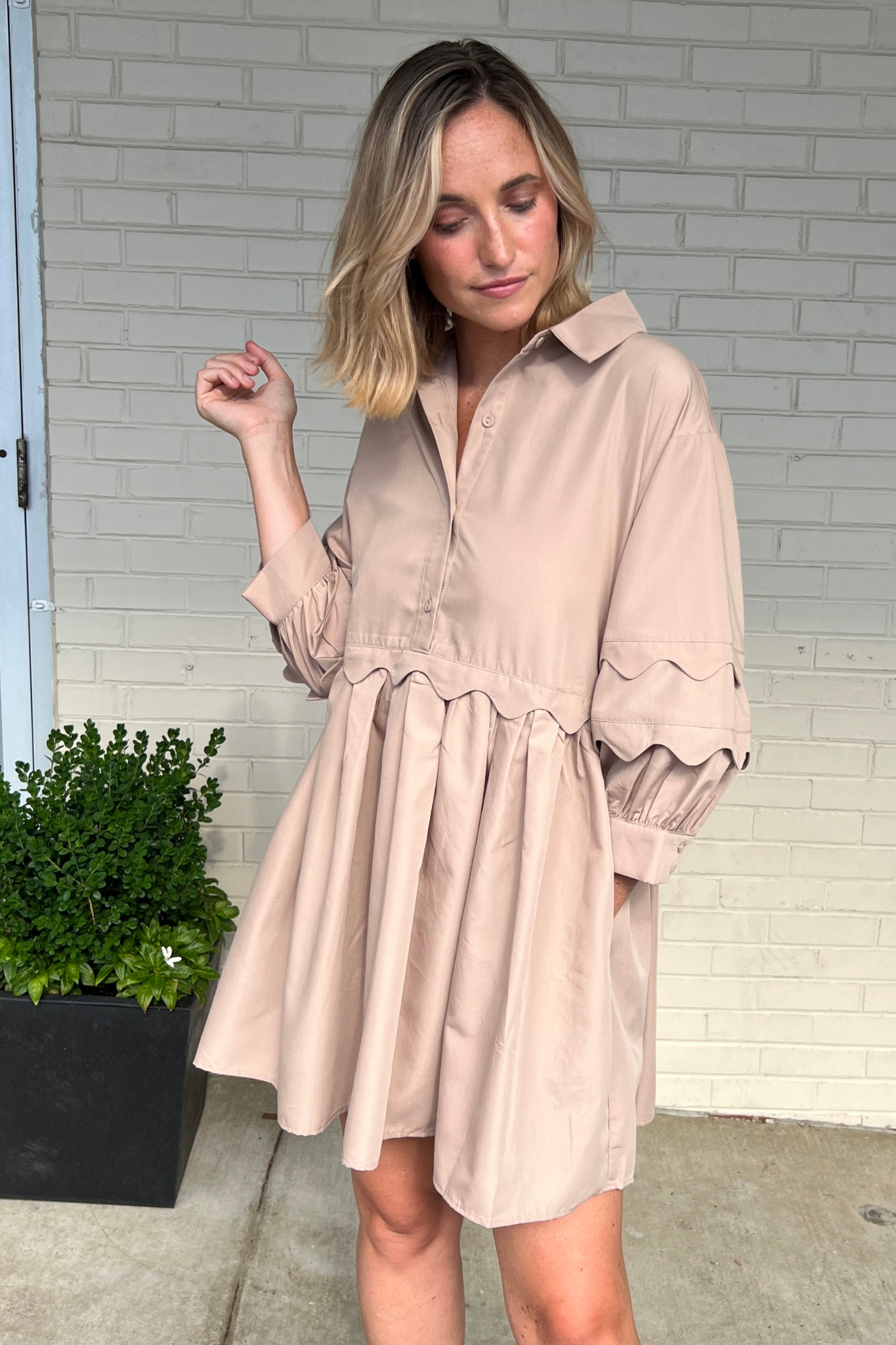 Entro | Beige Scalloped Mini Dress | Sweetest Stitch Boutique 