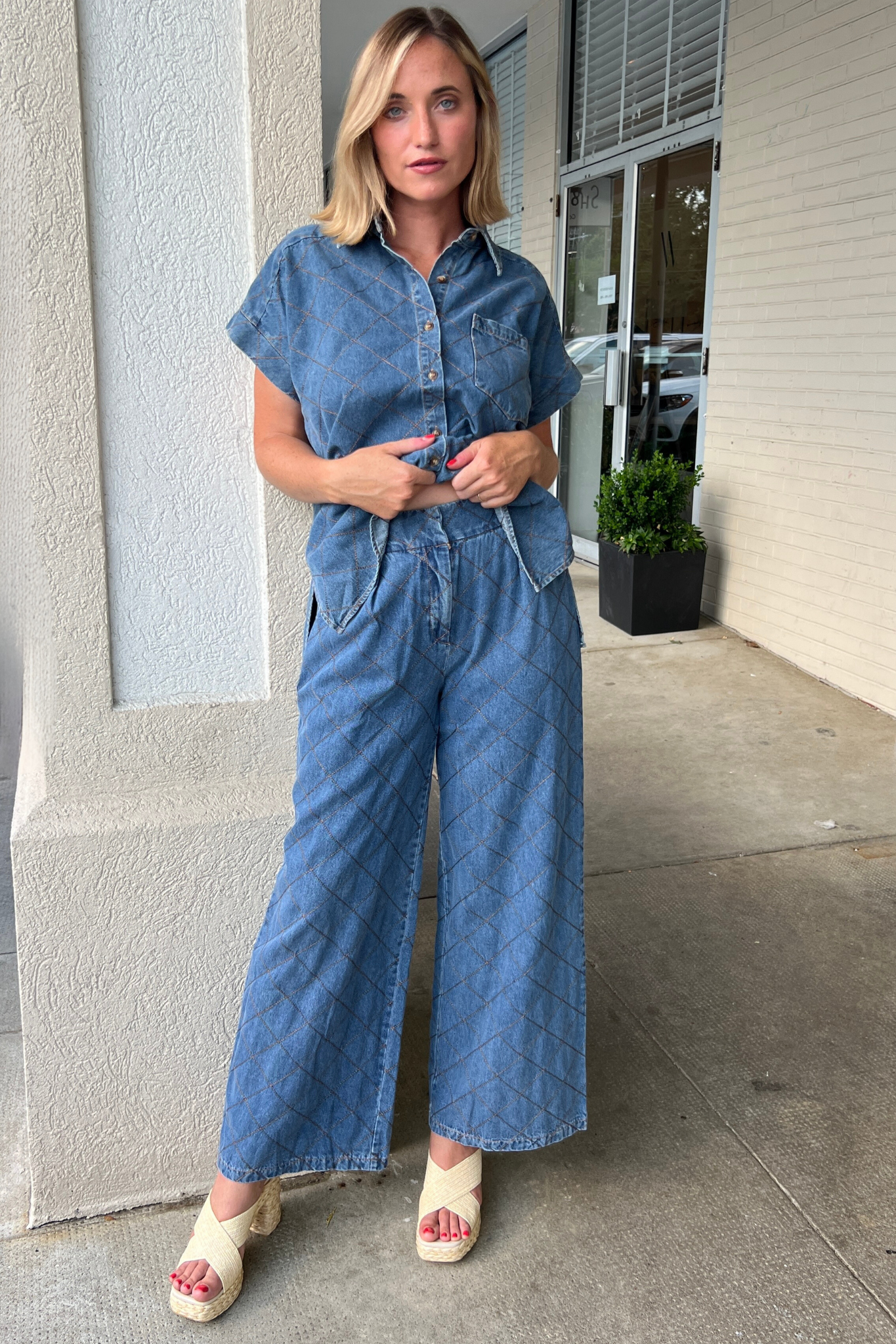 Entro | Quilted Denim Wide Leg Pants | Sweetest Stitch Cute Pants