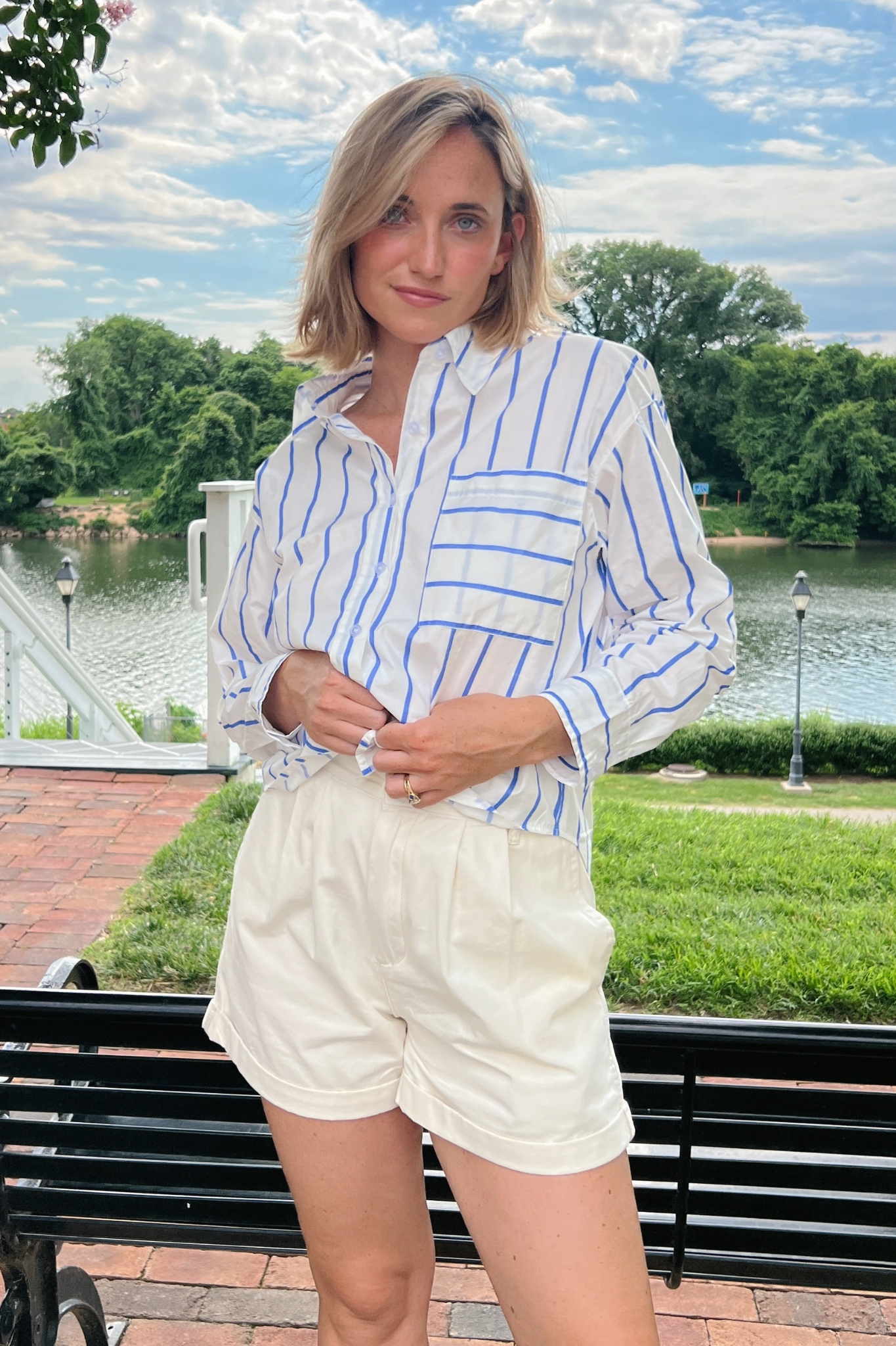 Day + Moon | Blue White Striped Button Up Top | Sweetest Stitch