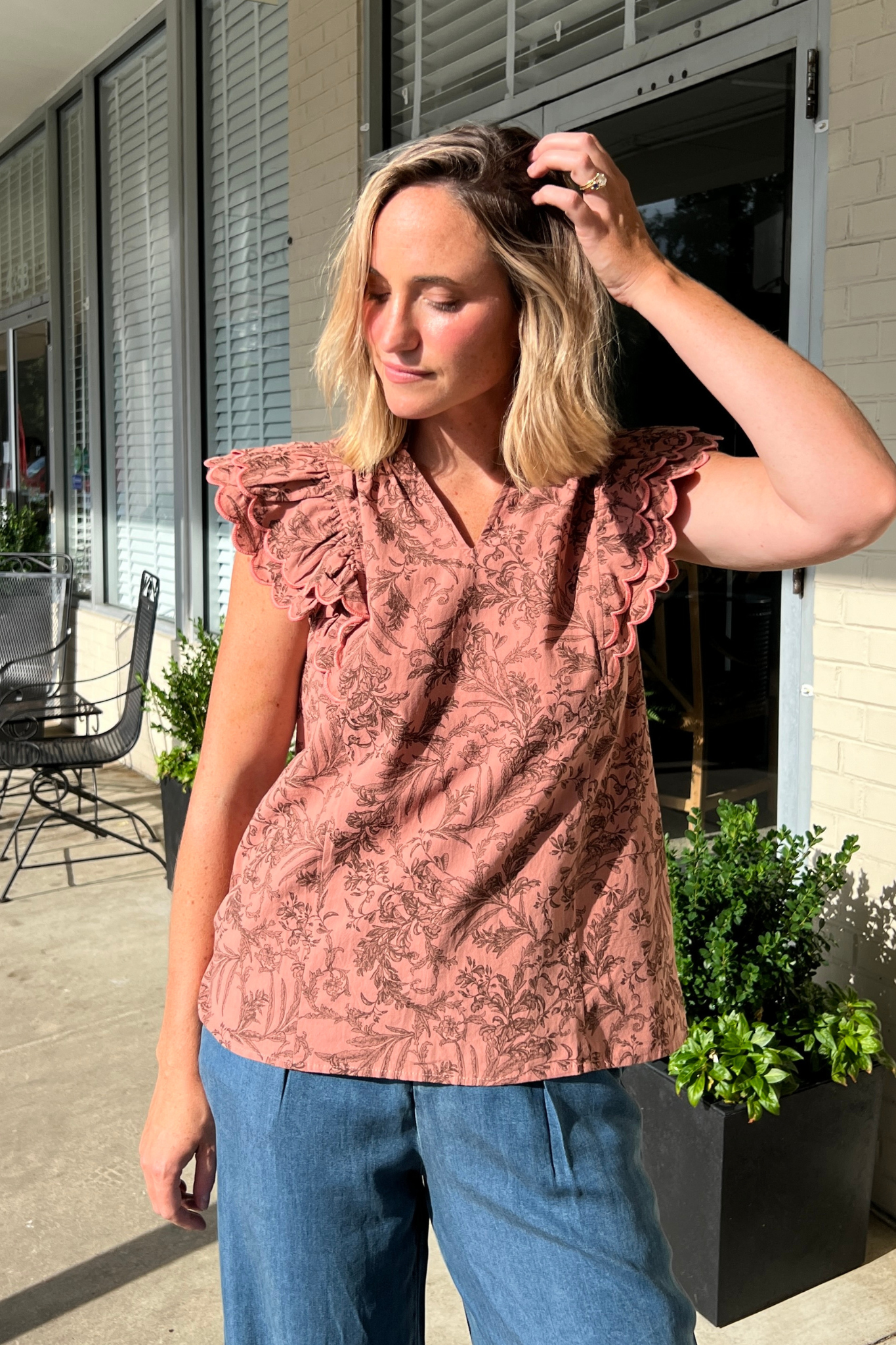 Entro Work Blouse - Clay Floral Top with Scallop Detail | Sweetest Sti…