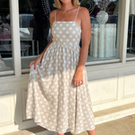 By Together | Taupe Polka Dot Midi Dress | Sweetest Stitch Boutique