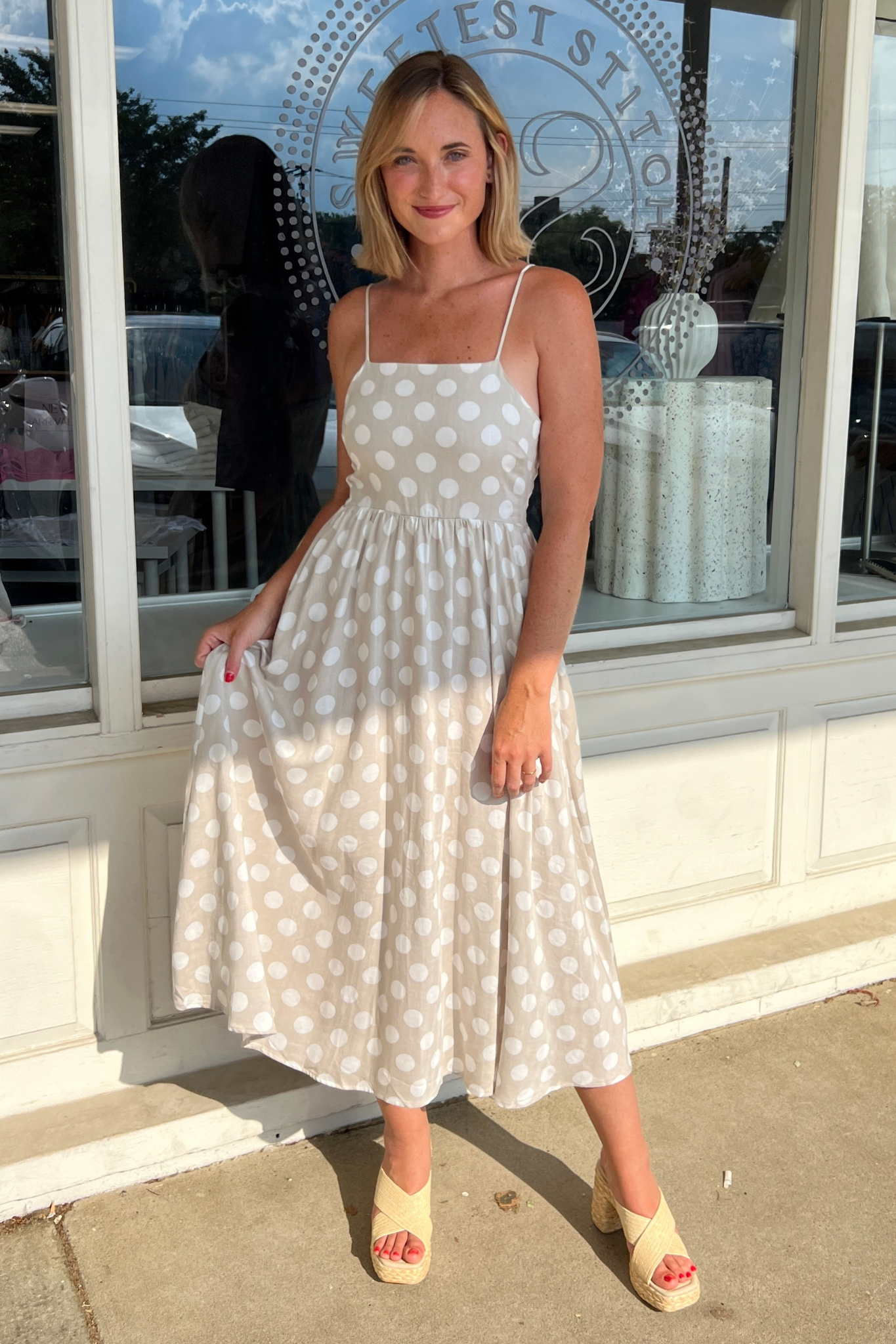 By Together | Taupe Polka Dot Midi Dress | Sweetest Stitch Boutique