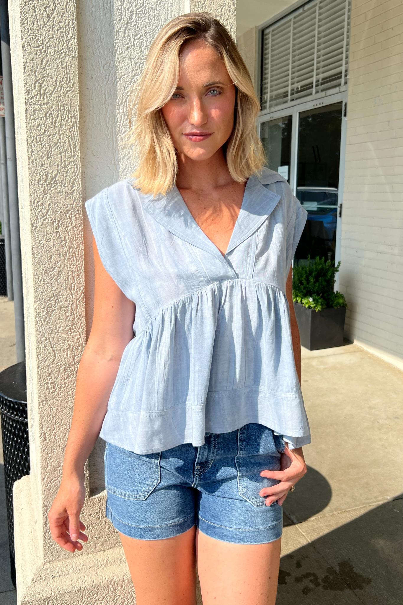 By Together | Blue V-Neck Chambray Top | Sweetest Stitch  Boutique