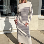 Miou Muse | Striped Midi Dress Beige/Black | Sweetest Stitch