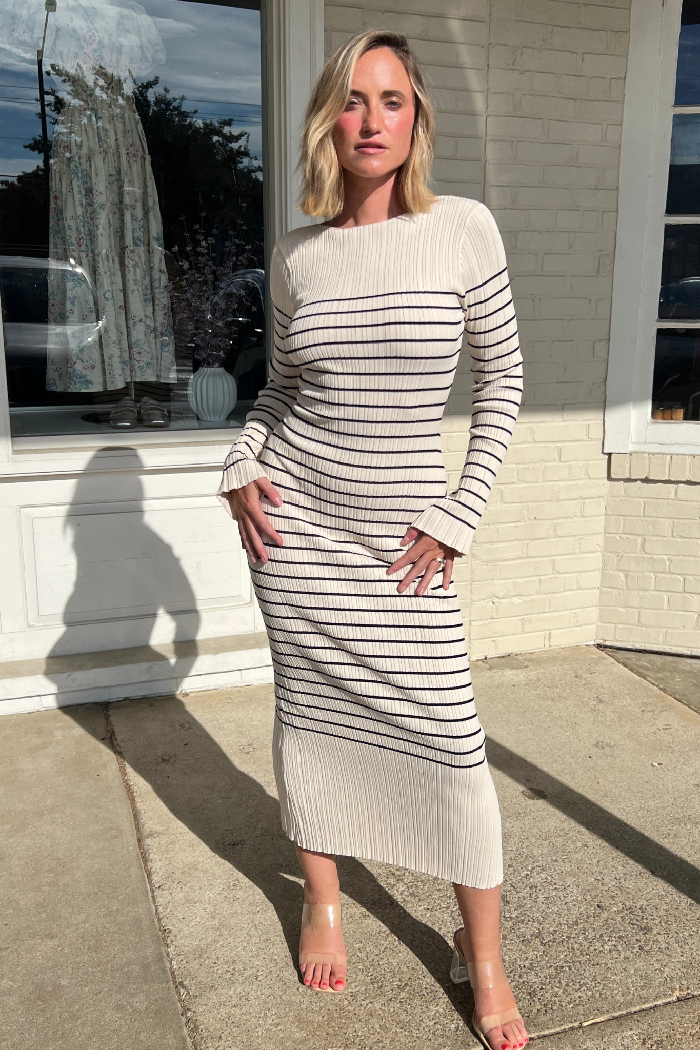 Miou Muse | Striped Midi Dress Beige/Black | Sweetest Stitch