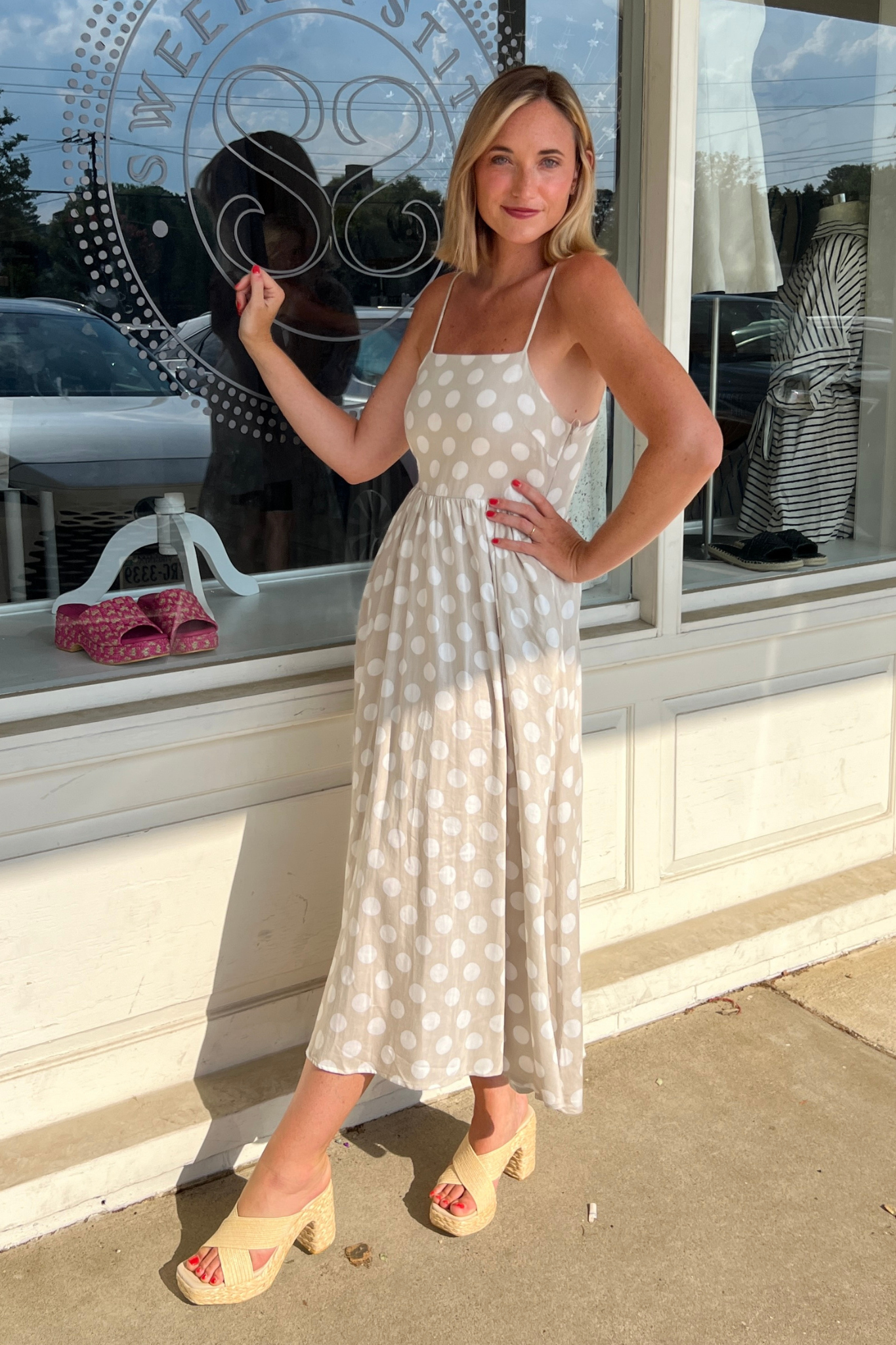 By Together | Taupe Polka Dot Midi Dress | Sweetest Stitch Boutique