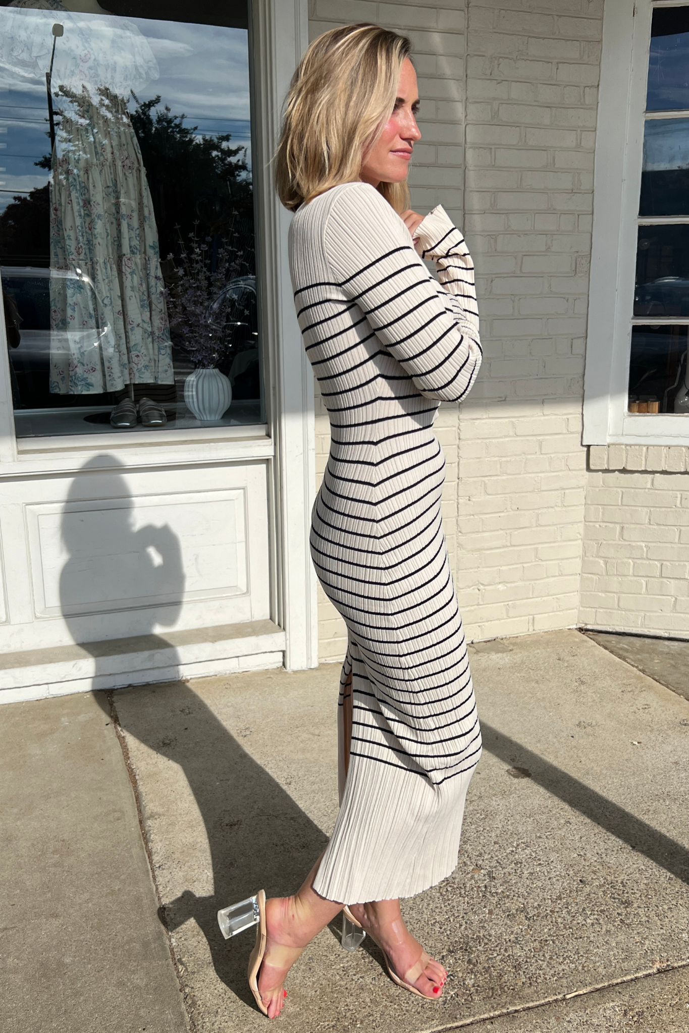 Miou Muse | Striped Midi Dress Beige/Black | Sweetest Stitch