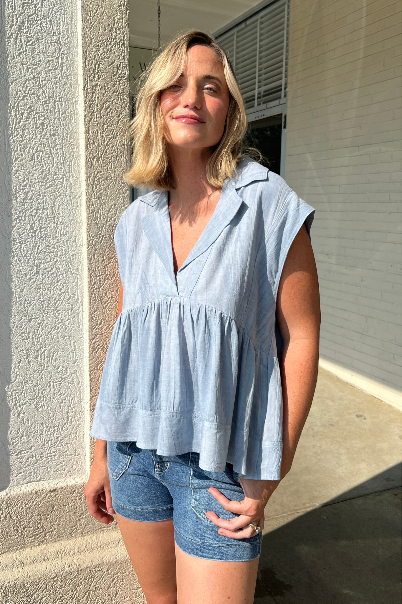 By Together | Blue V-Neck Chambray Top | Sweetest Stitch  Boutique