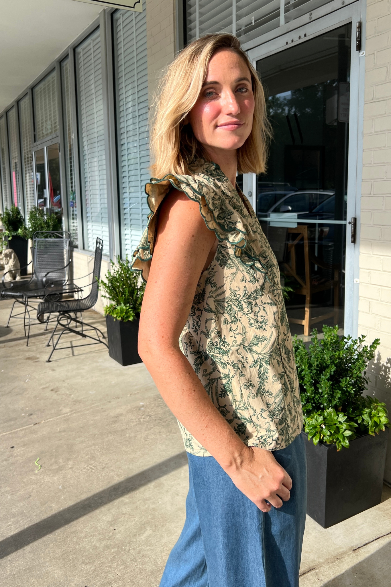 Entro Work Blouse - Green Floral Top with Scallop Detail | Sweetest St…