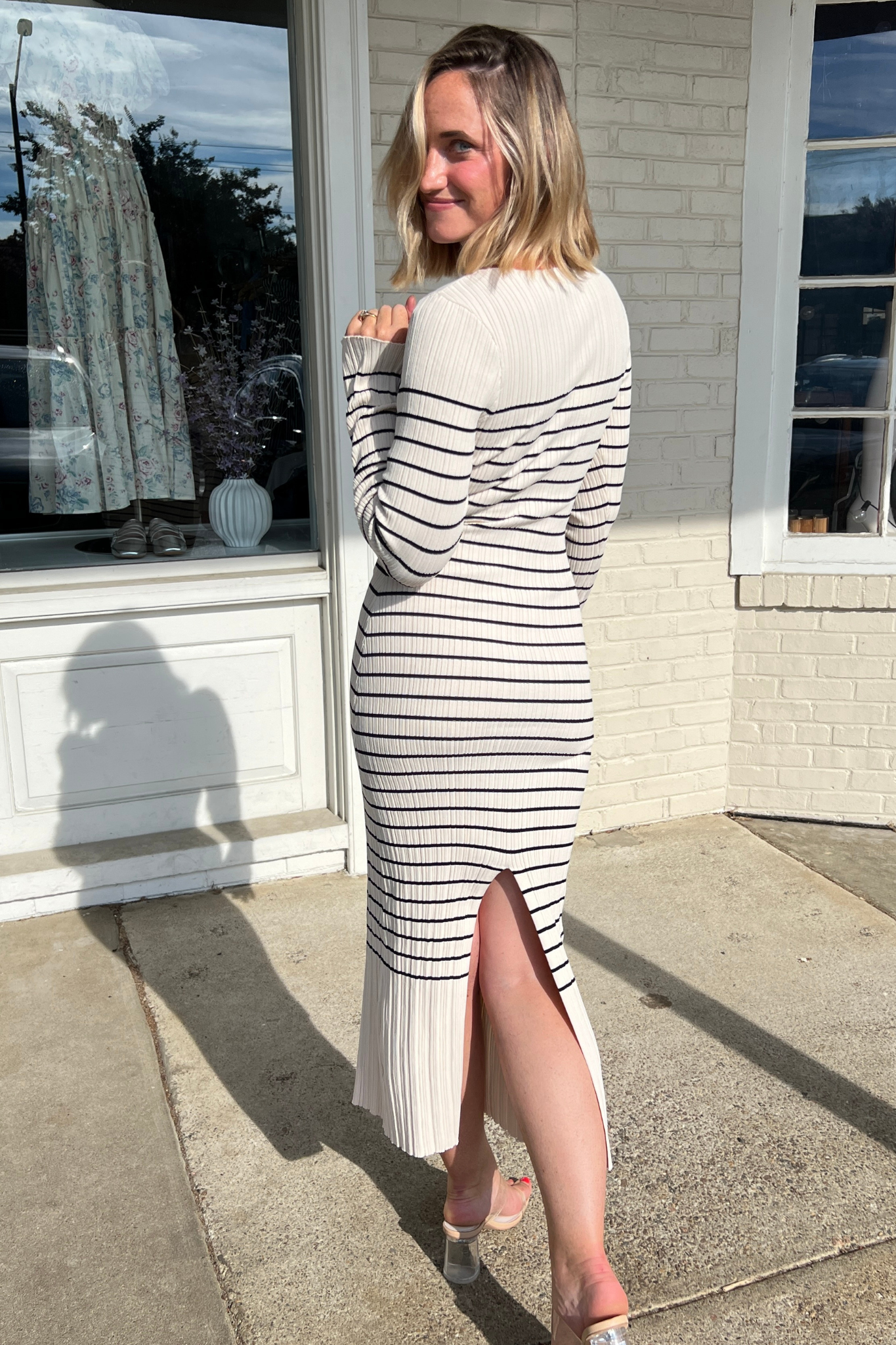 Miou Muse | Striped Midi Dress Beige/Black | Sweetest Stitch