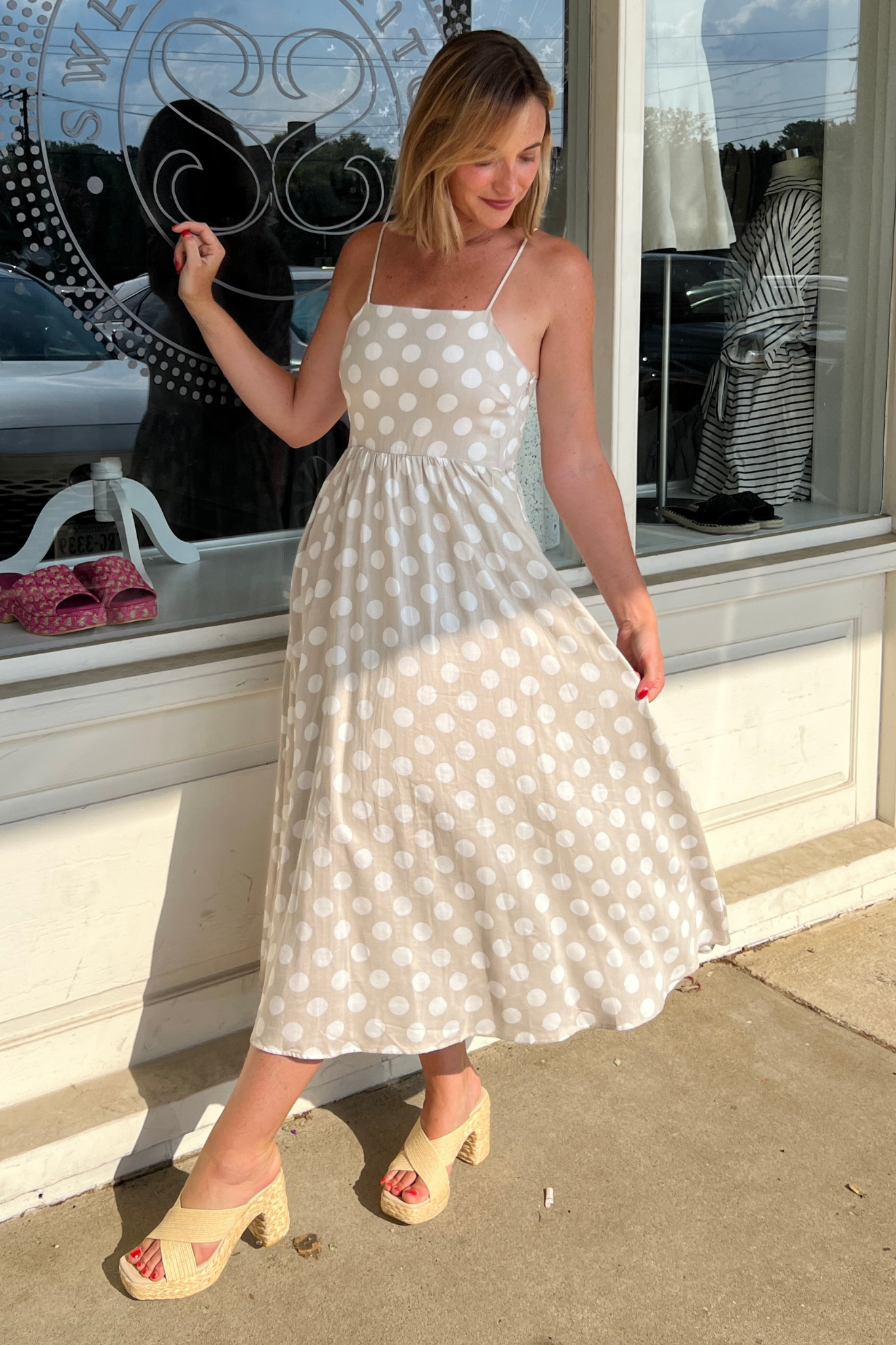 By Together | Taupe Polka Dot Midi Dress | Sweetest Stitch Boutique