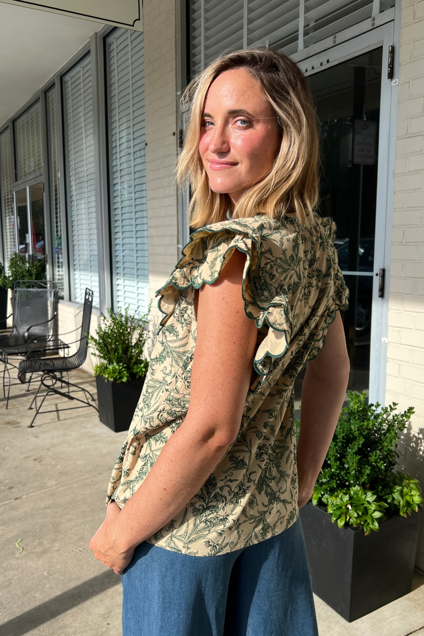 Entro Work Blouse - Green Floral Top with Scallop Detail | Sweetest St…