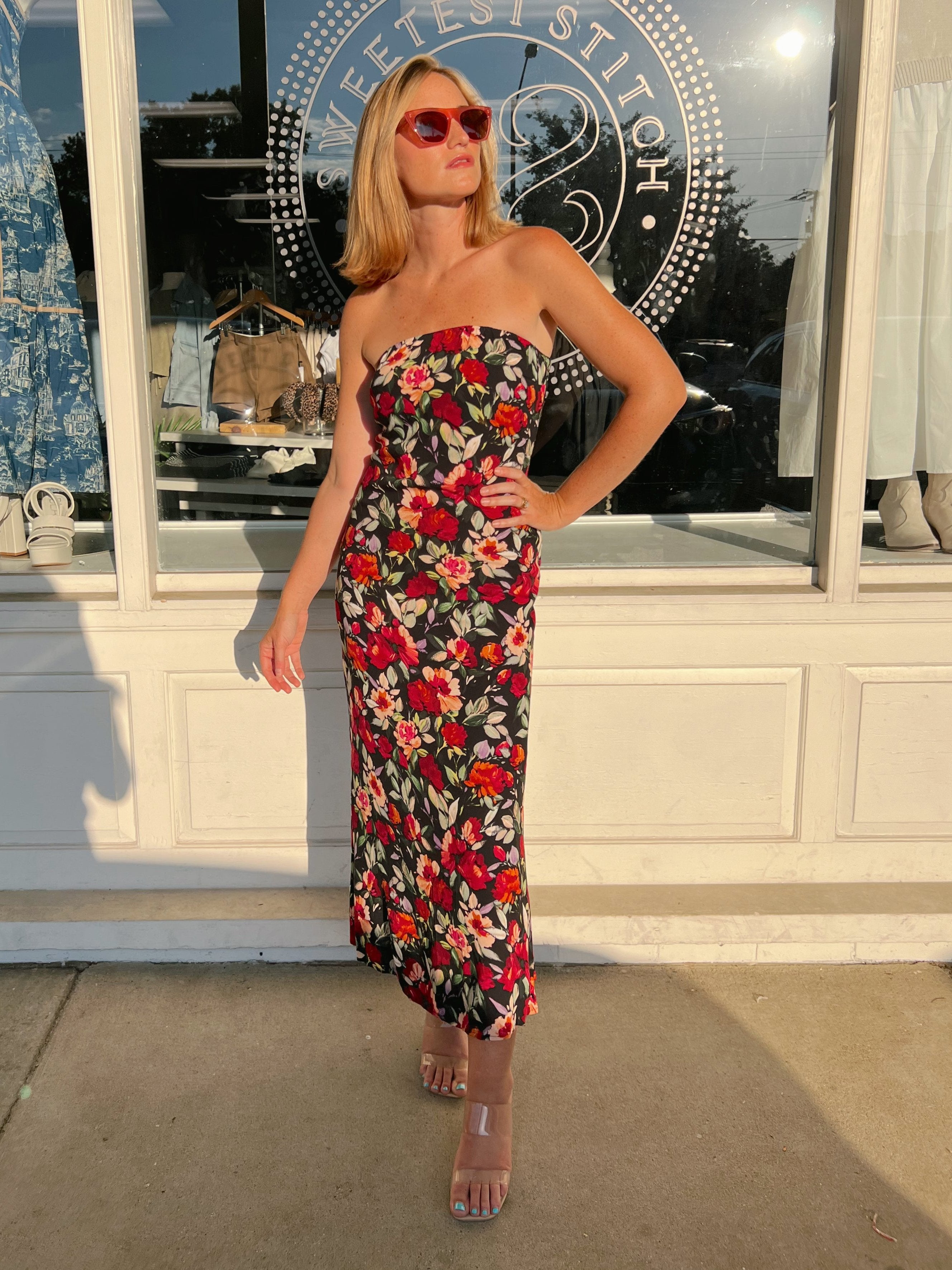 Sadie and Sage | Strapless Floral Midi Dress | Sweetest Stitch