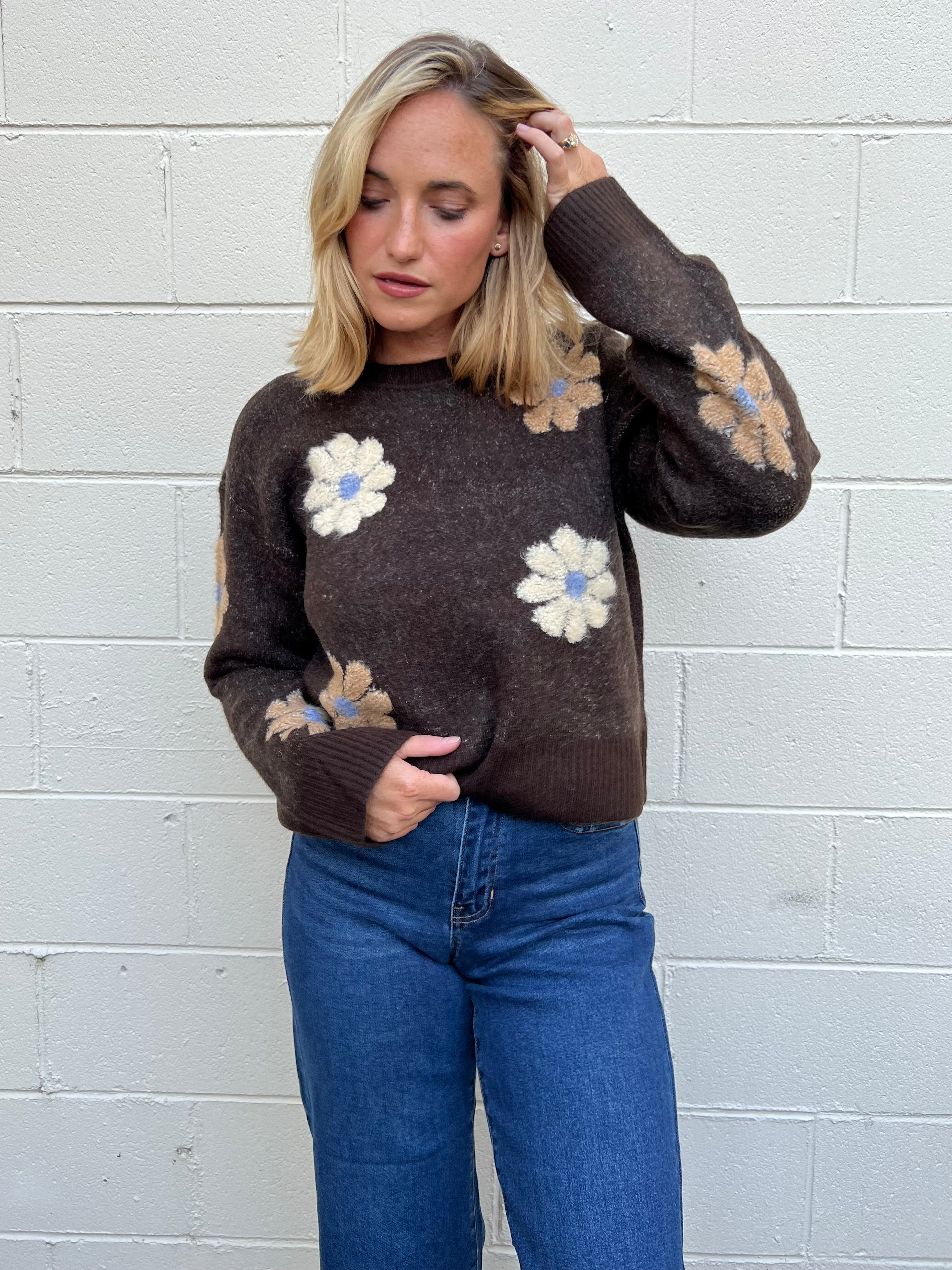 Current Air |  Brown Flower Sweater | Sweetest Stitch Boutique