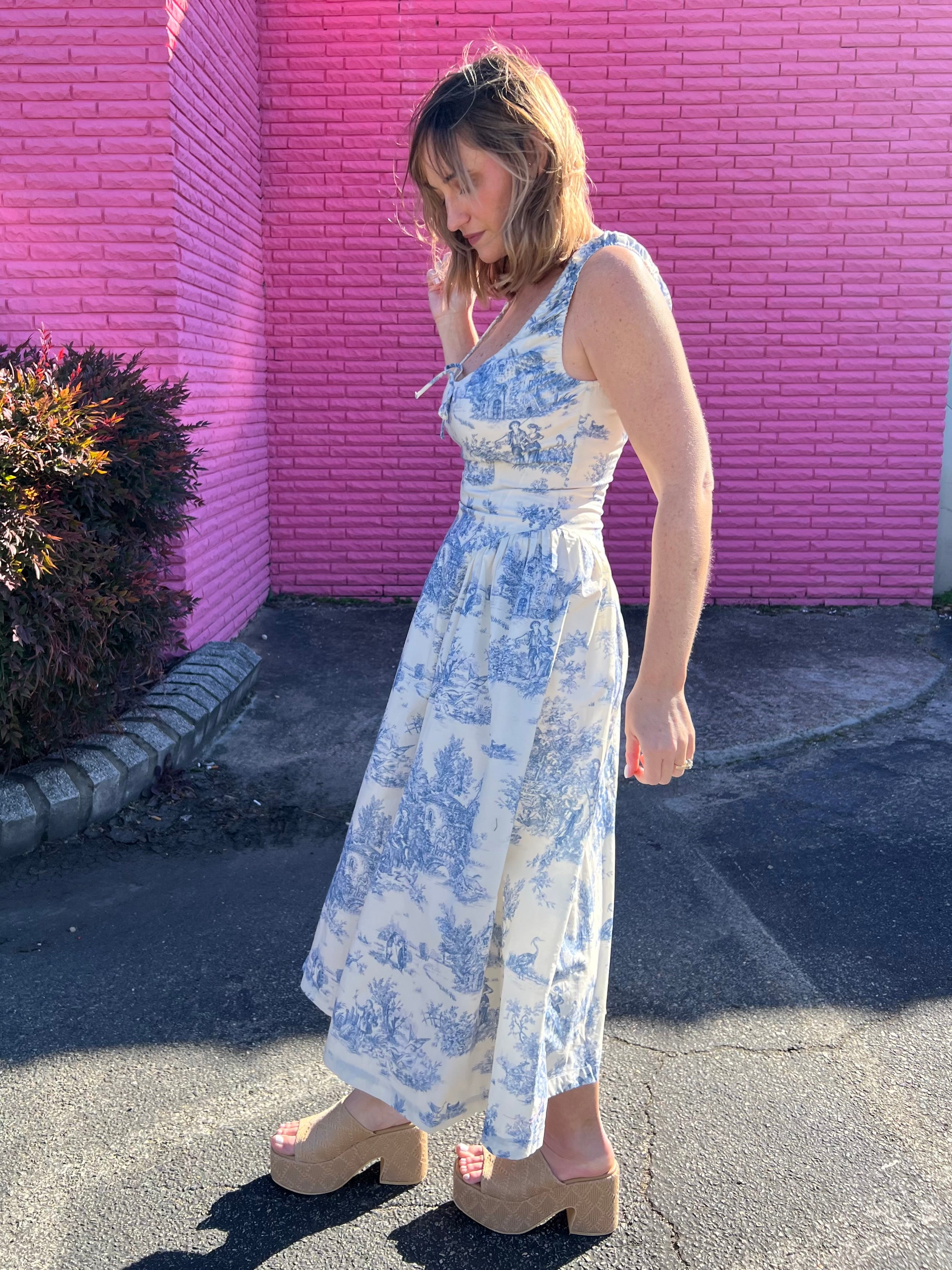 French Cottage Toile Print Midi Dress