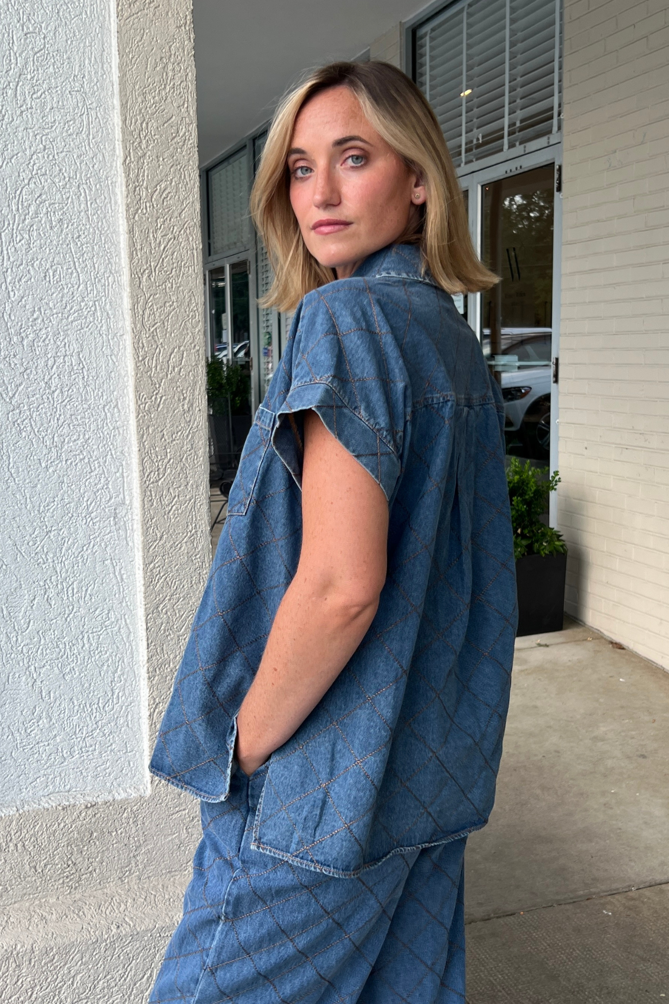 Entro | Quilted Denim Button Down Top | Sweetest Stitch Cute Tops
