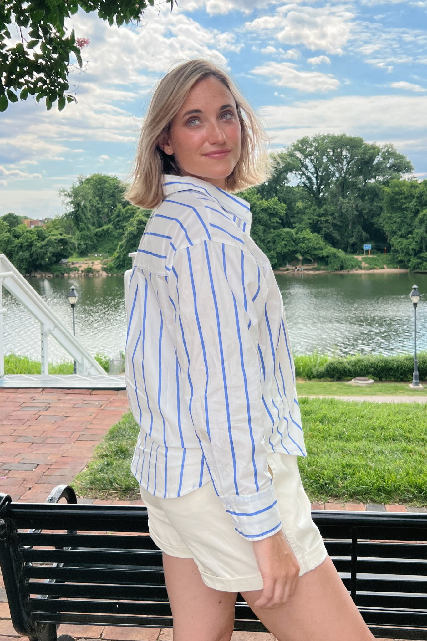 Day + Moon | Blue White Striped Button Up Top | Sweetest Stitch