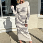 Miou Muse | Striped Midi Dress Beige/Black | Sweetest Stitch