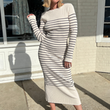 Miou Muse | Striped Midi Dress Beige/Black | Sweetest Stitch