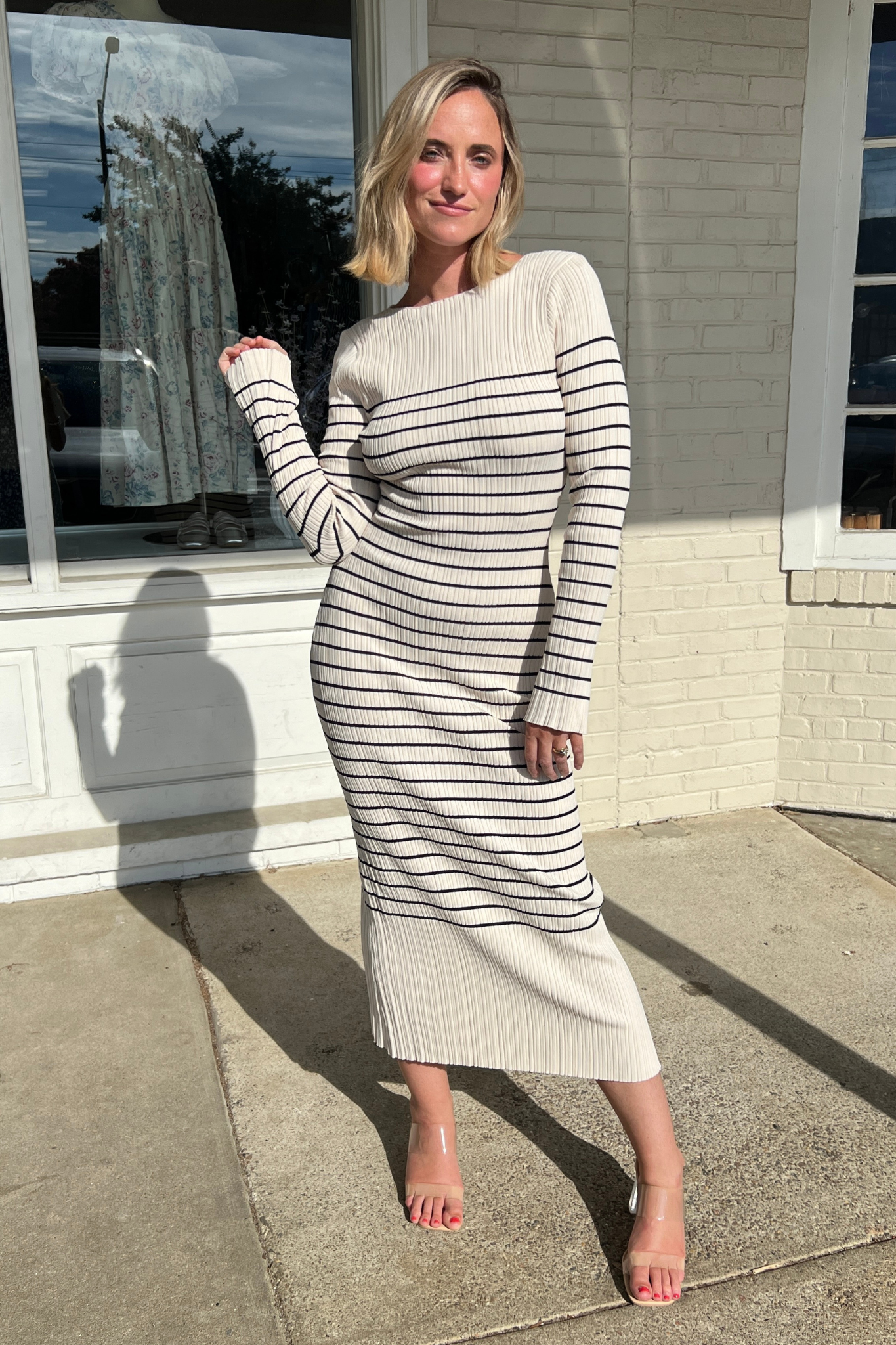 Miou Muse | Striped Midi Dress Beige/Black | Sweetest Stitch