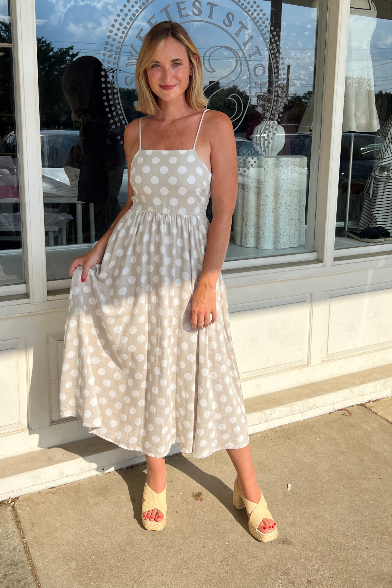 By Together | Taupe Polka Dot Midi Dress | Sweetest Stitch Boutique