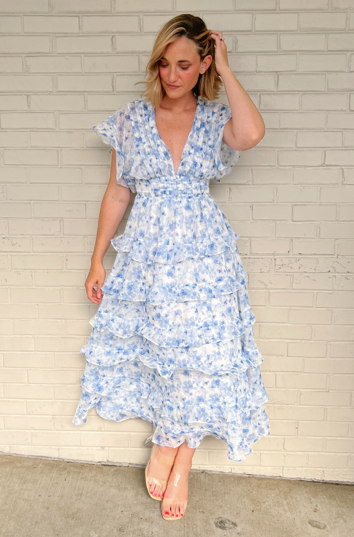 Storia Blue Floral Ruffle Maxi Dress | Sweetest Stitch Wedding Guest