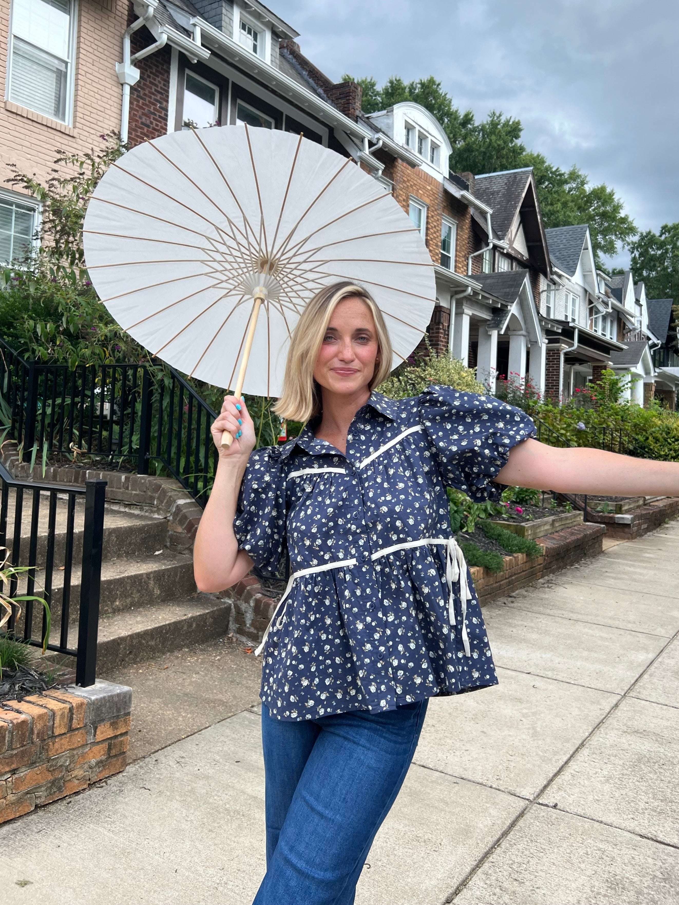 Entro | Navy Floral Puff Sleeve Top | Sweetest Stitch Richmond