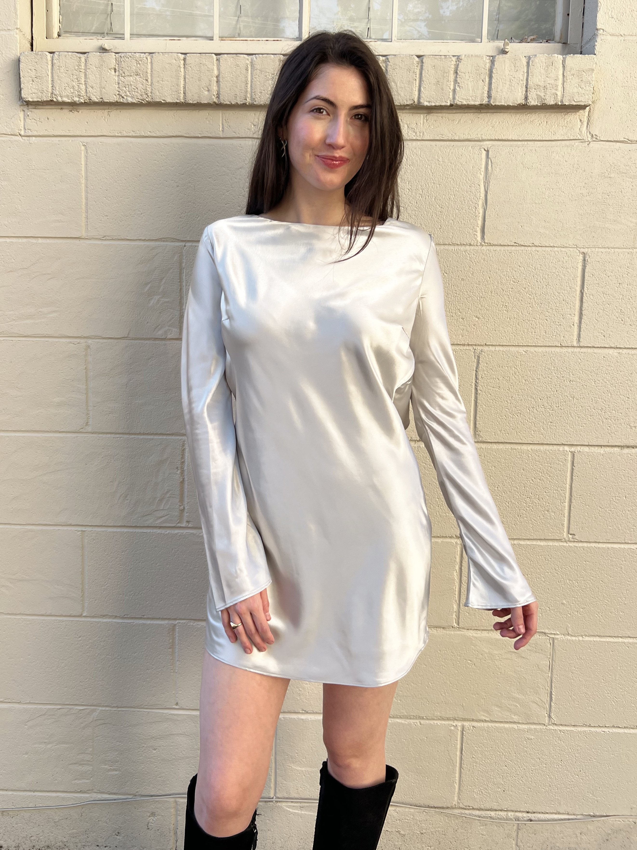 NIA | Silver Long Sleeve Open Back Mini Dress | Sweetest Stitch