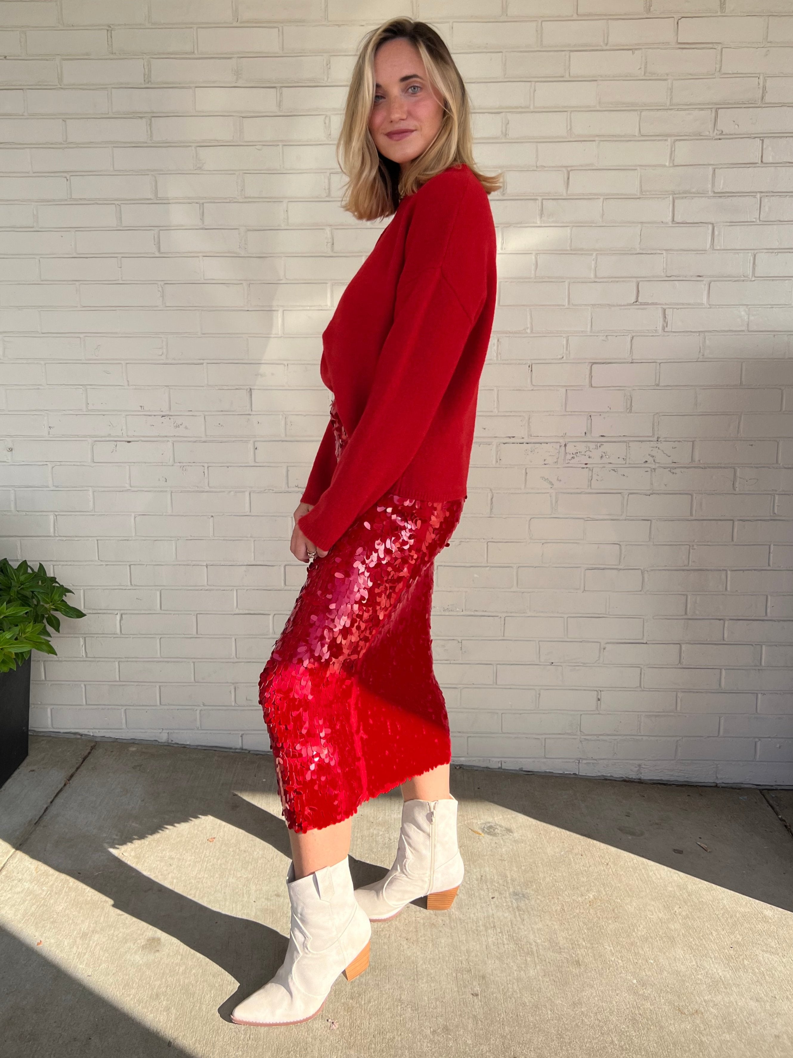 [ASTR The Label] Amos Sequin Midi Skirt Red | Sweetest Stitch