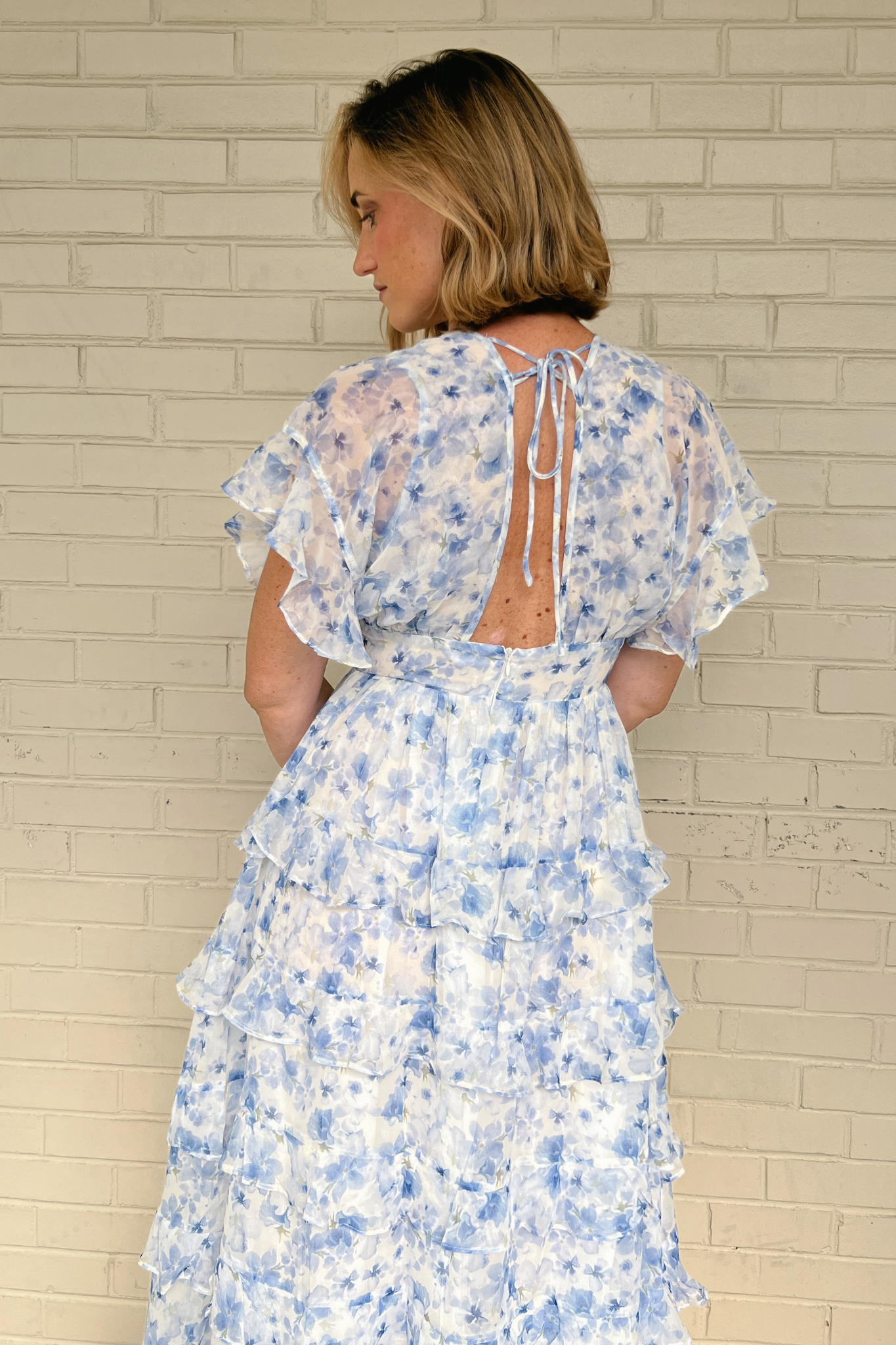 Storia Blue Floral Ruffle Maxi Dress | Sweetest Stitch Wedding Guest
