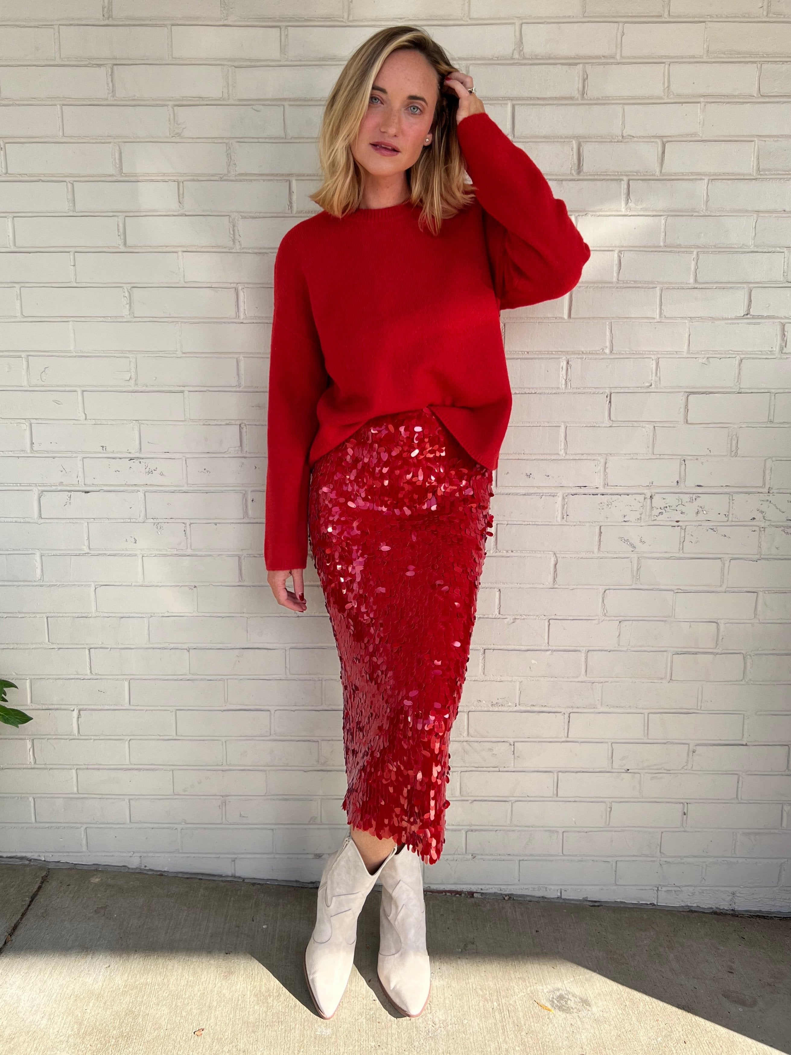 [ASTR The Label] Amos Sequin Midi Skirt Red | Sweetest Stitch