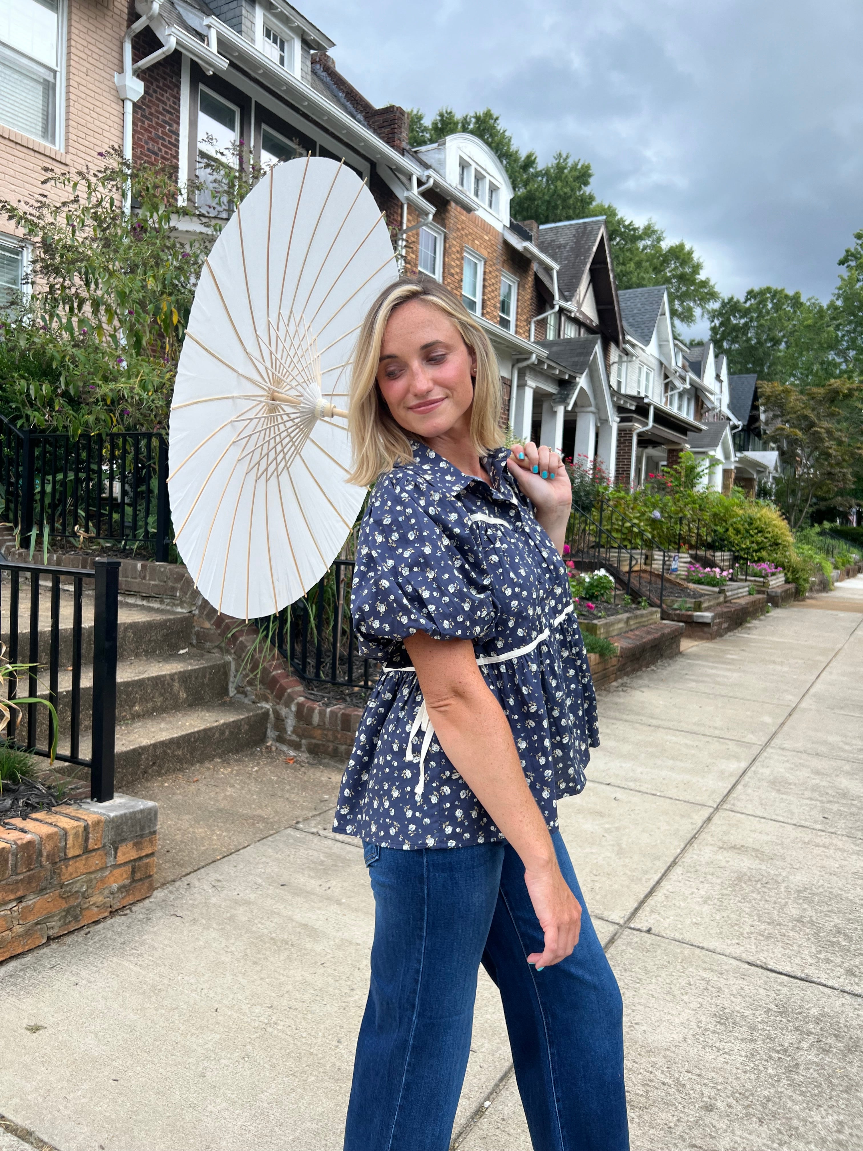 Entro | Navy Floral Puff Sleeve Top | Sweetest Stitch Richmond