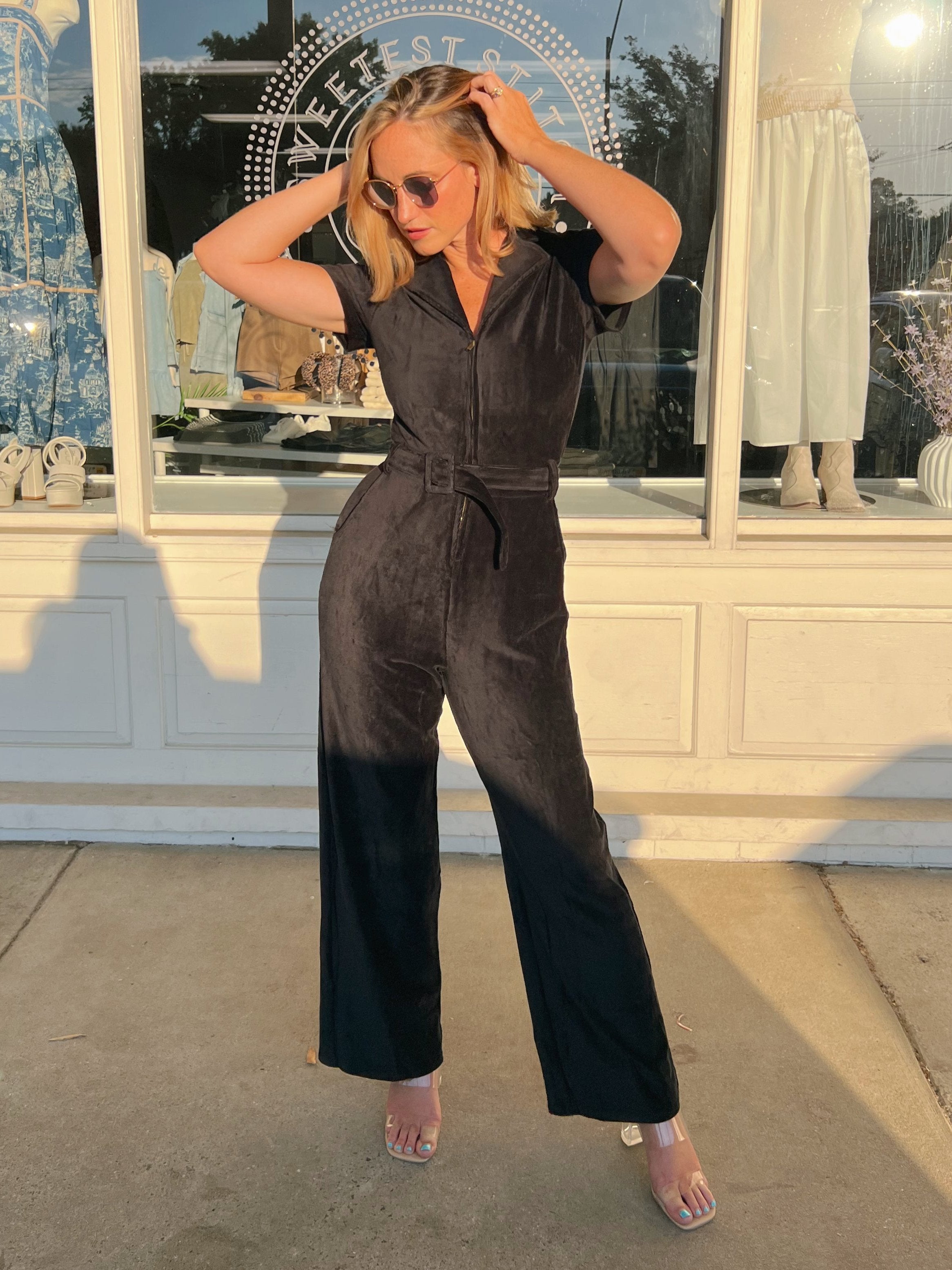 Sadie & Sage | Black Corduroy Jumpsuit | Sweetest Stitch