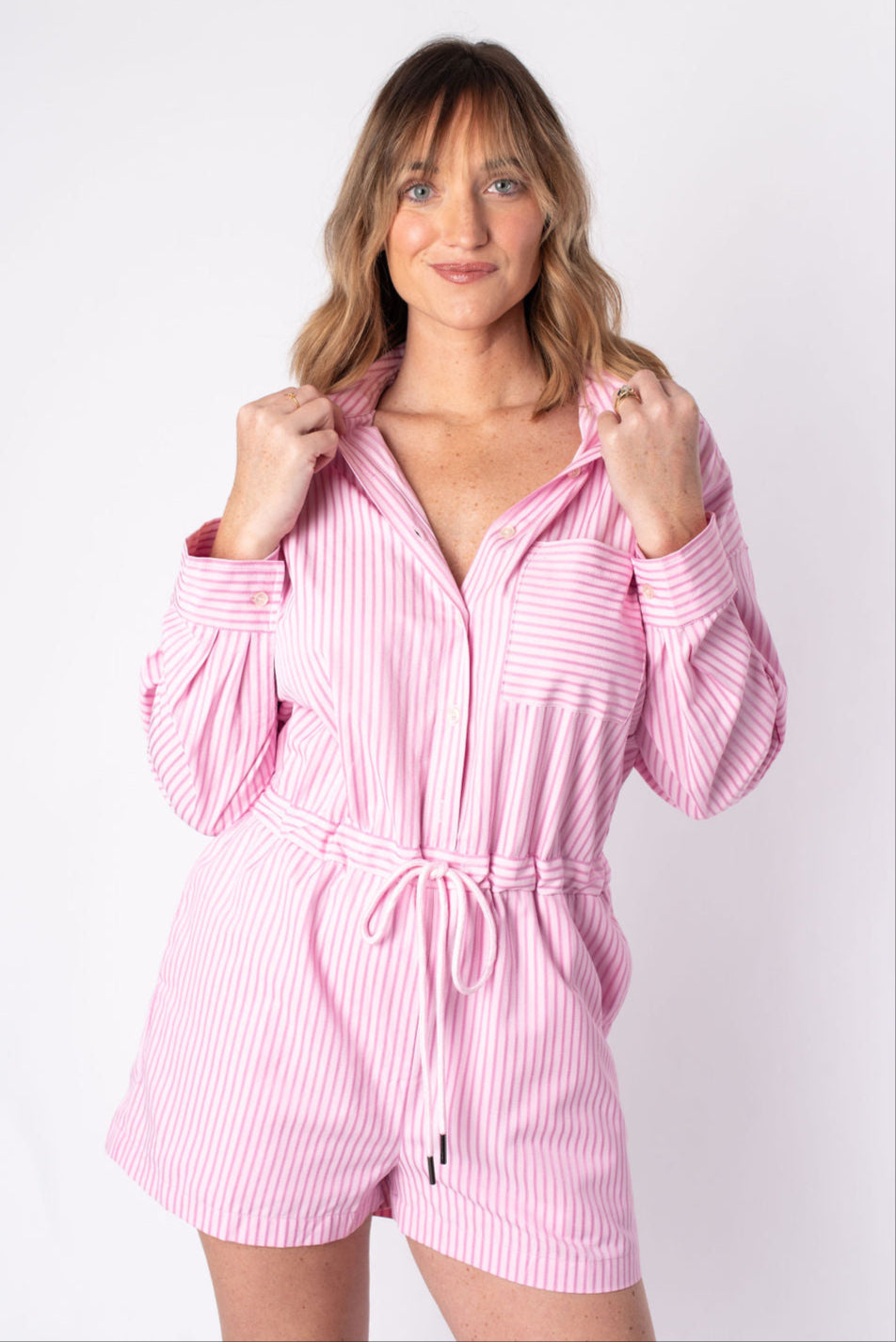 Entro | Pink Striped Long Sleeve Romper | Sweetest Stitch