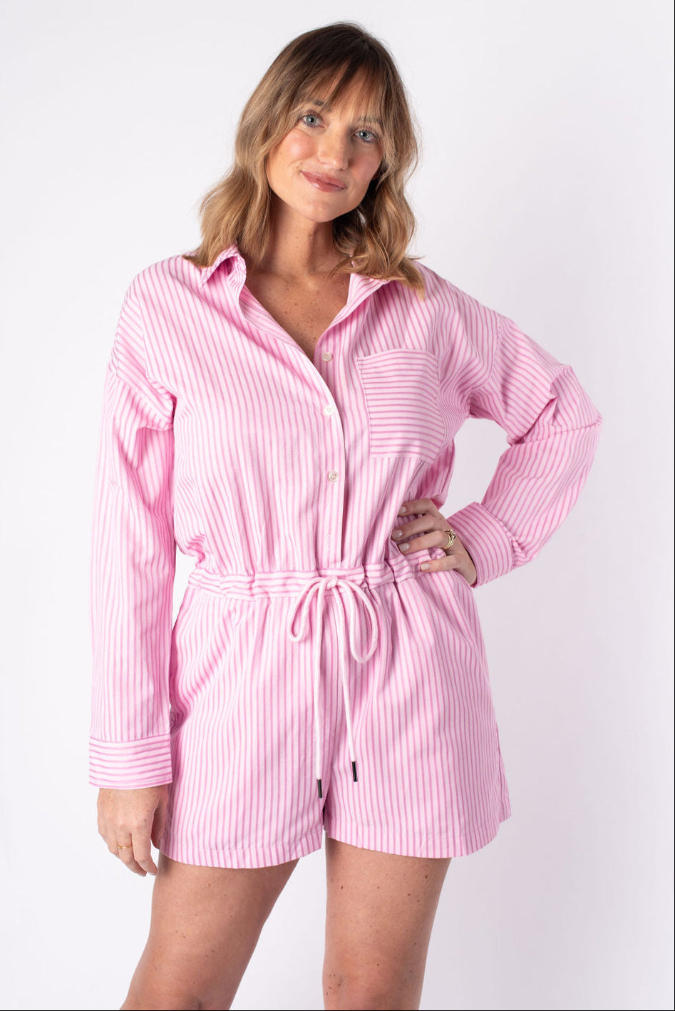 Entro | Pink Striped Long Sleeve Romper | Sweetest Stitch