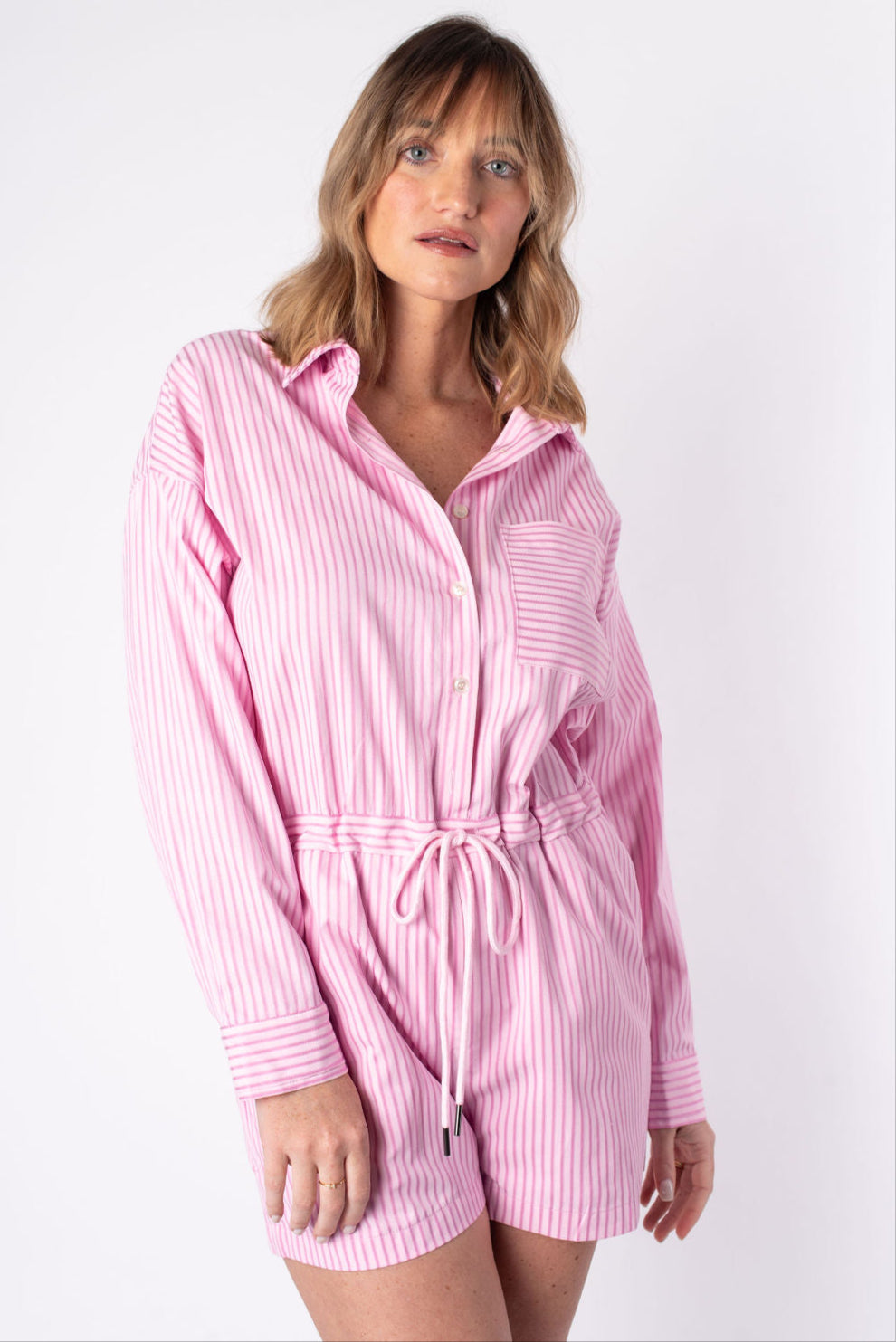 Entro | Pink Striped Long Sleeve Romper | Sweetest Stitch