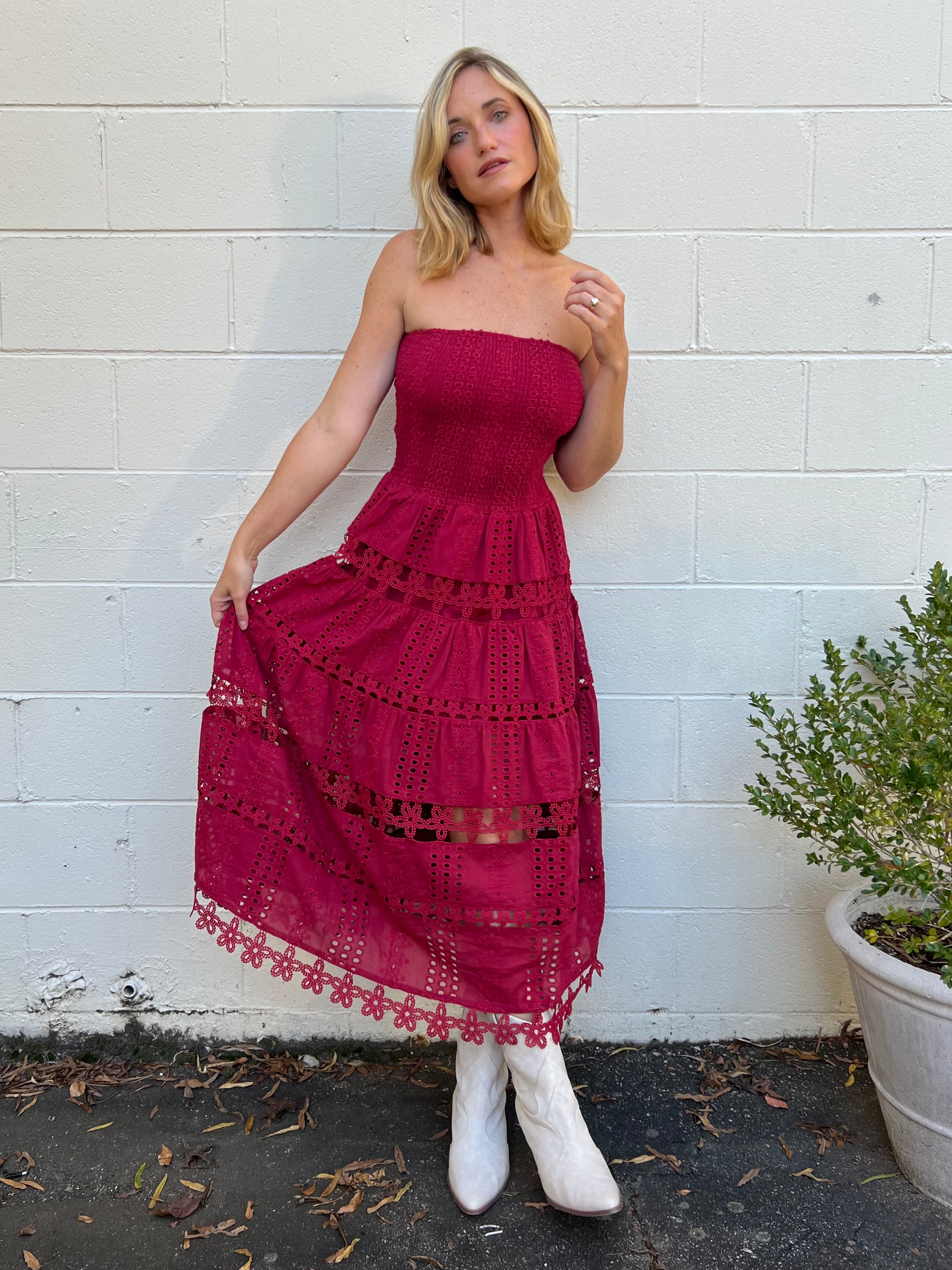 Strut & Bolt | Eyelet Lace Strapless Midi Dress | Sweetest Stitch