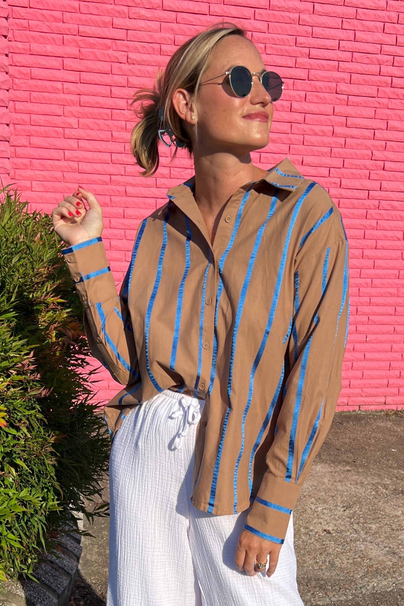 Entro | Brown and Blue Stripe Blouse | Sweetest Stitch Boutique