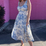 French Cottage Toile Print Midi Dress