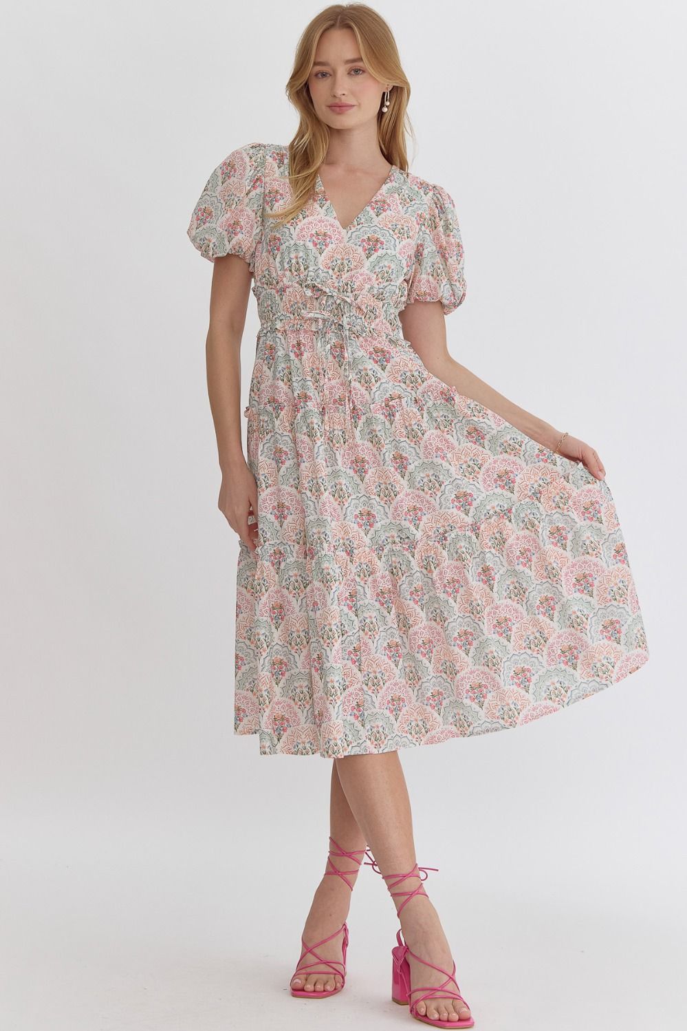 Entro | Printed Bubble Sleeve Midi Dress | Sweetest Stitch Richmond