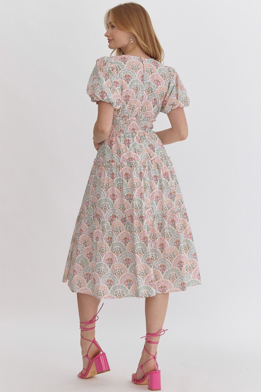 Entro | Printed Bubble Sleeve Midi Dress | Sweetest Stitch Richmond