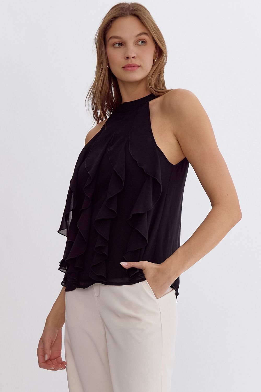 Entro | Black Ruffle Sleeveless Top | Sweetest Stitch Richmond