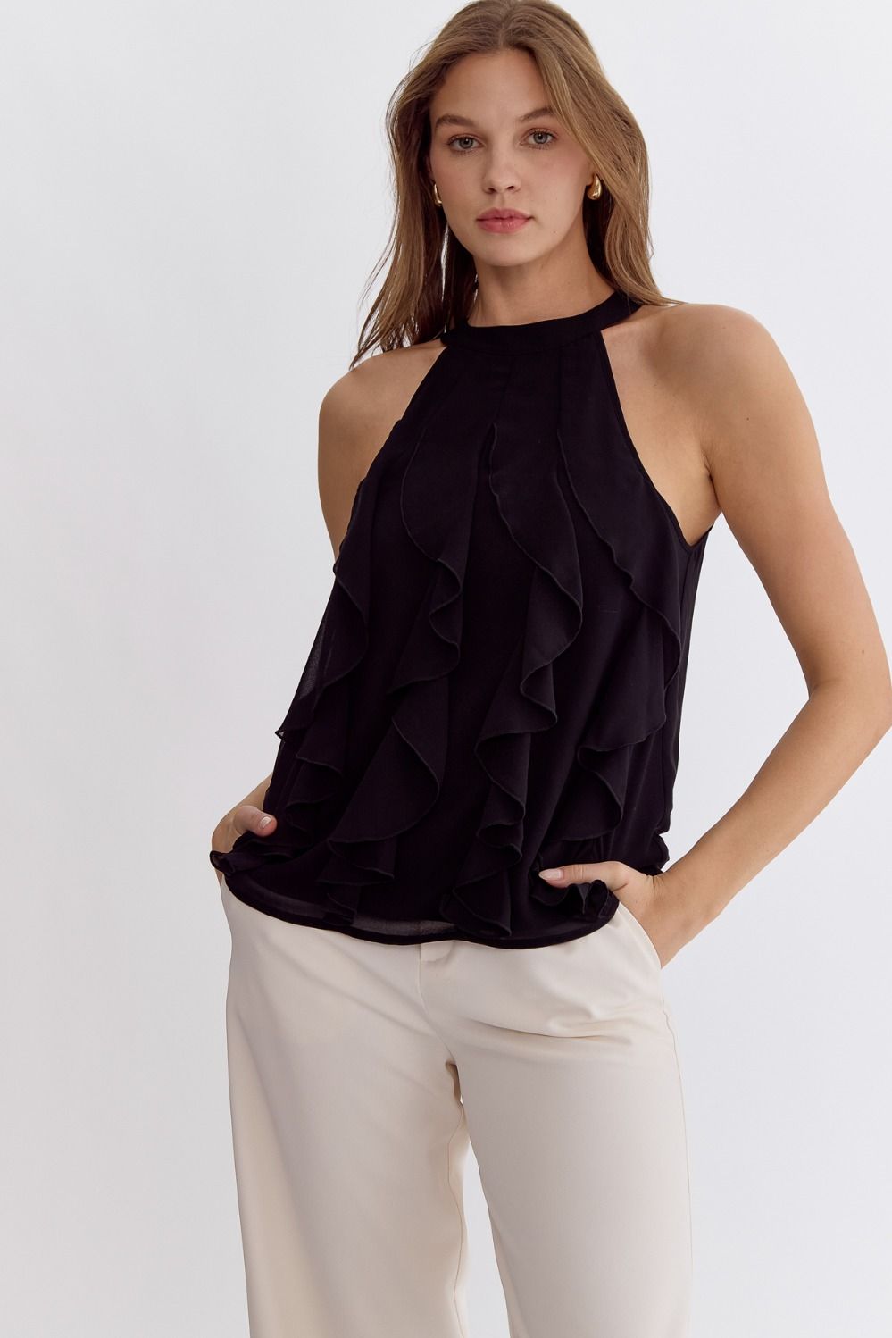 Entro | Black Ruffle Sleeveless Top | Sweetest Stitch Richmond